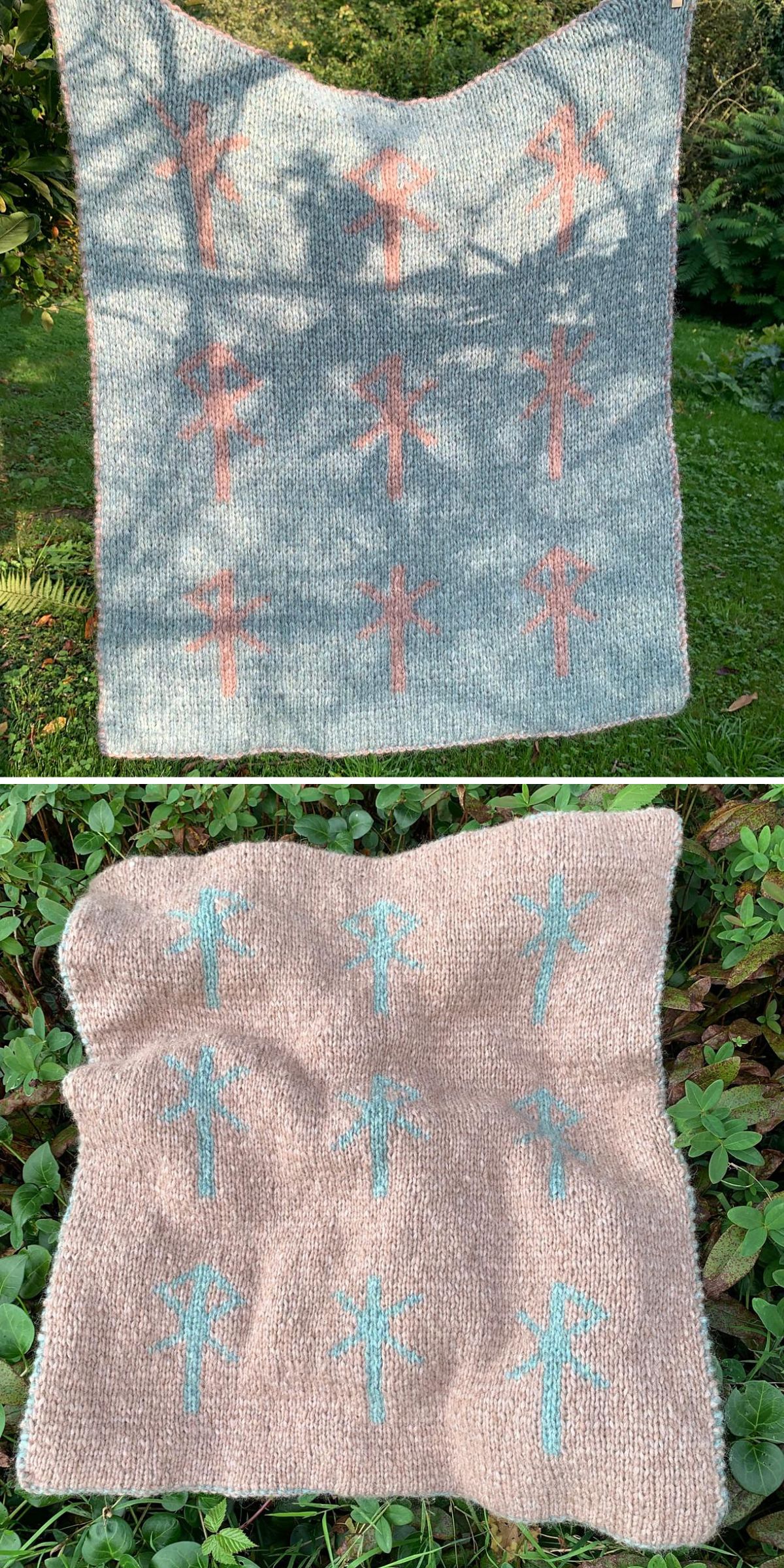a knitted baby blanket in pastels and unique pattern