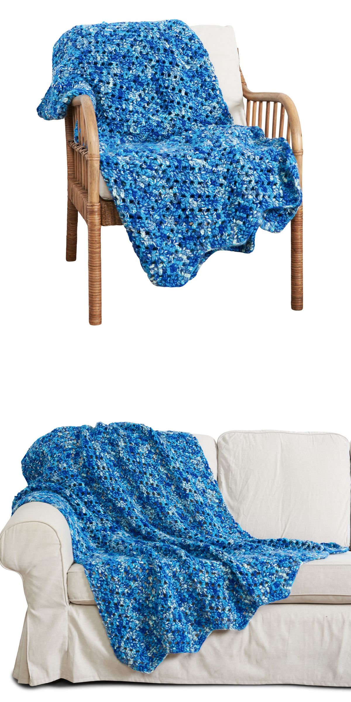 a blue crochet blanket on a chair