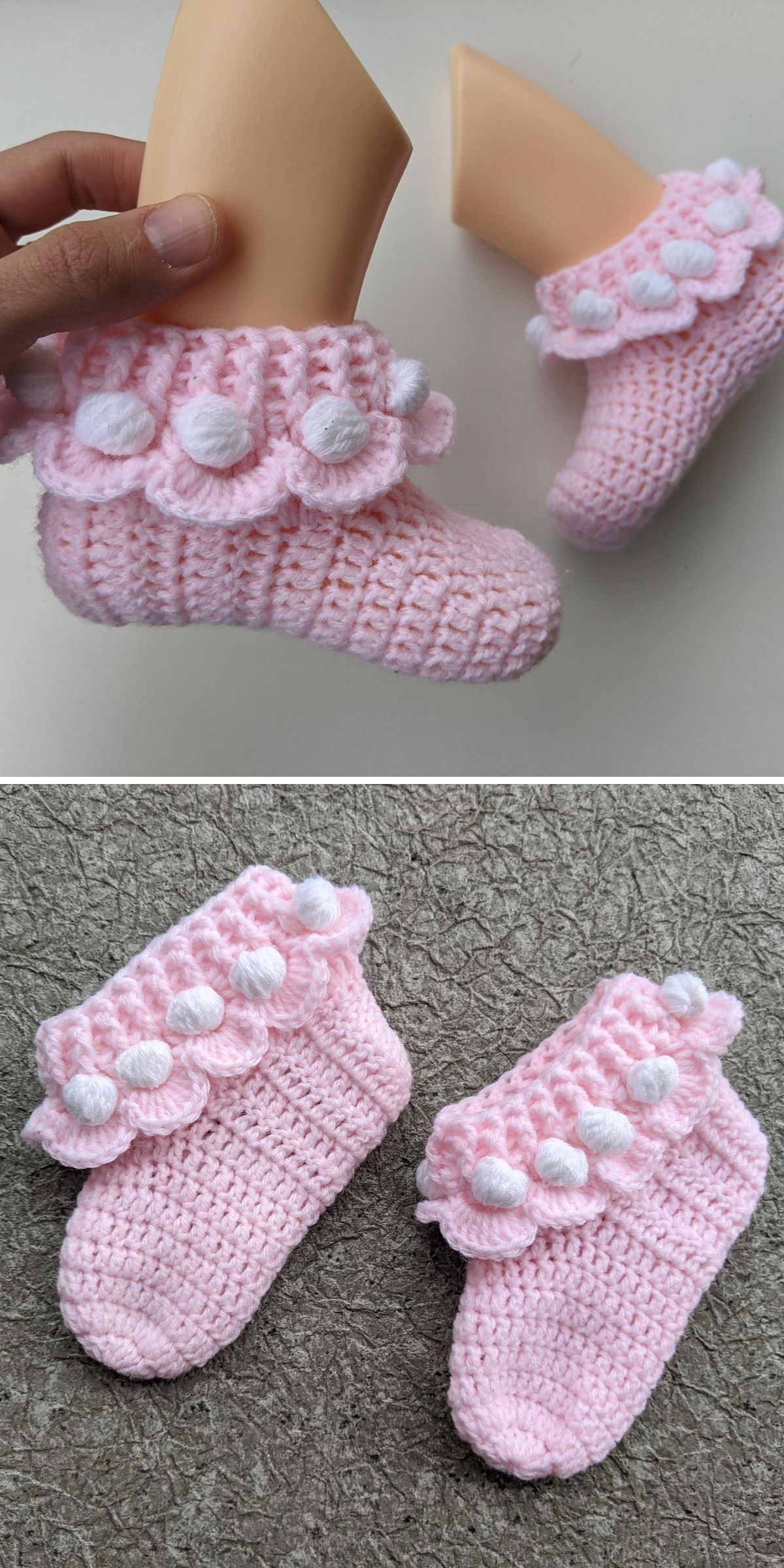 pink crochet baby booties with ruffled cuffs featuring a scalloped edge