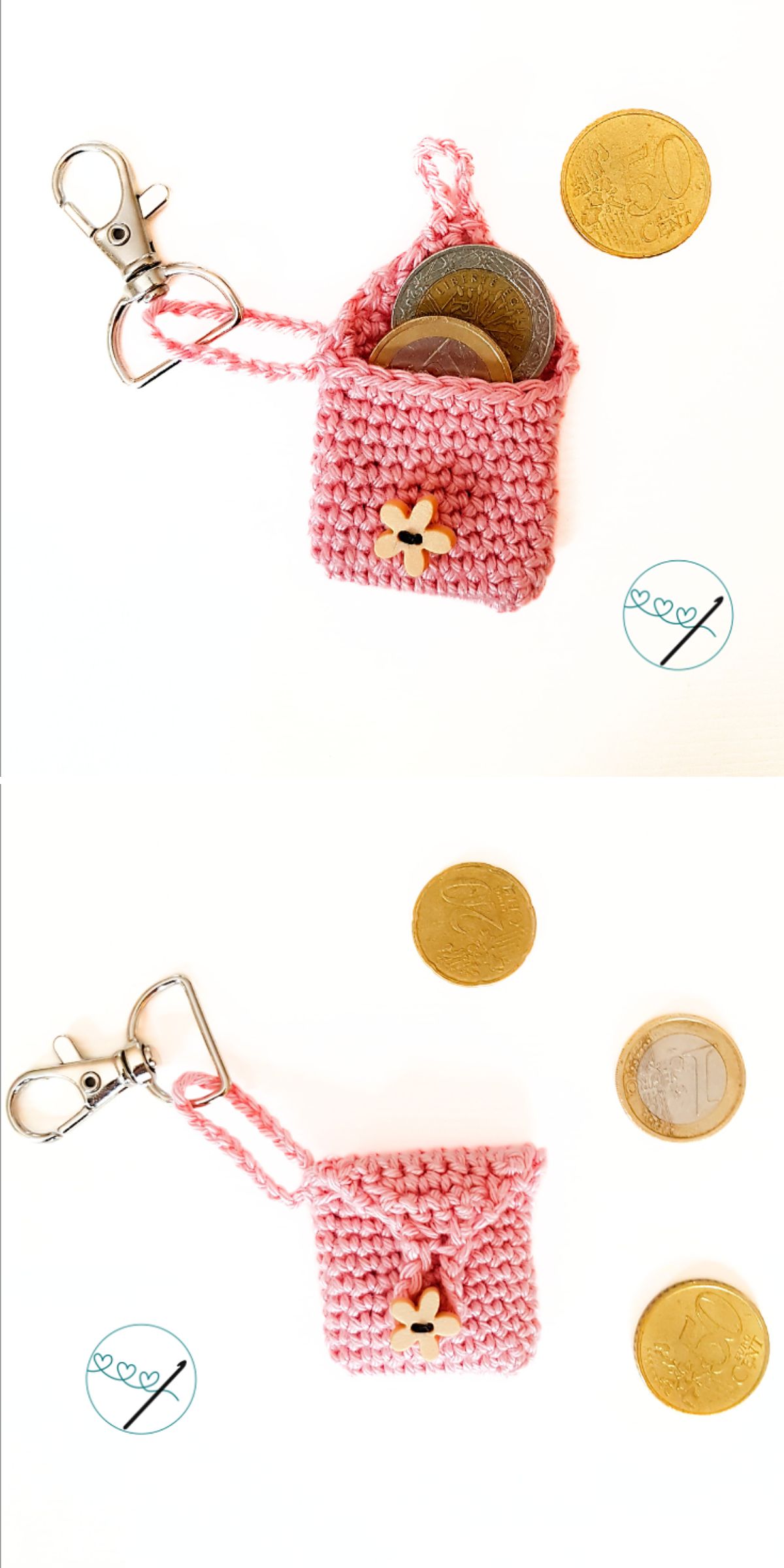 A pink crochet pouch with a wooden button and a metal clip, displayed open with coins spilling out and closed with coins placed nearby.