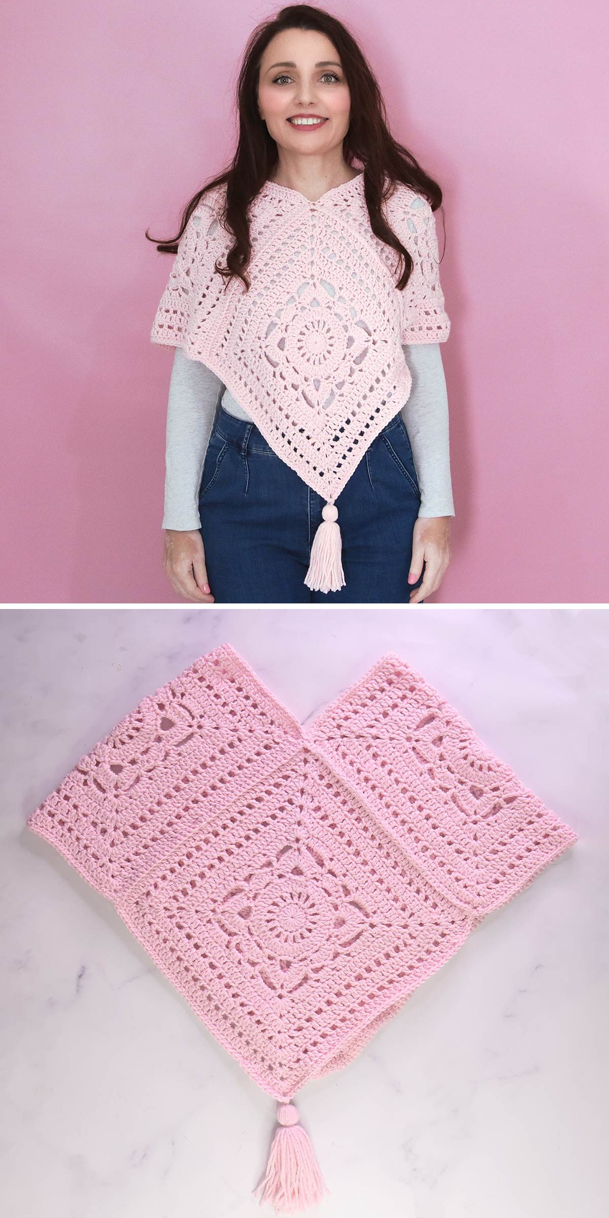 a woman wearing a beatiful lace crochet poncho made of big flower squares in a pink color