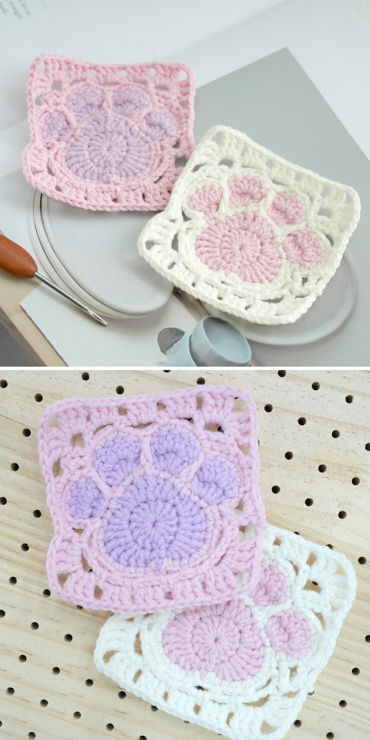 crochet granny squares in pastel hues with a cat paw motif