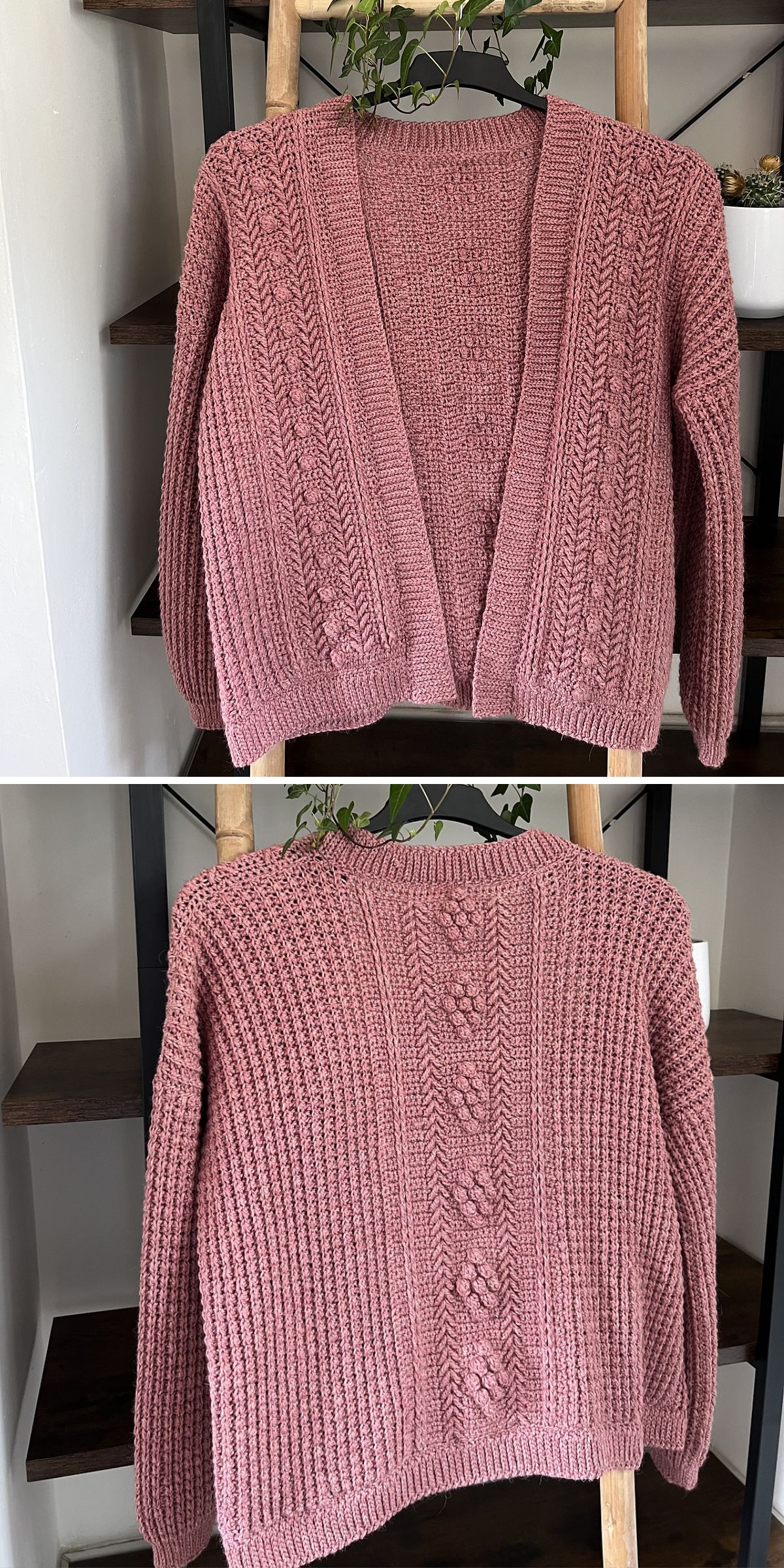 a pink crochet cardigan