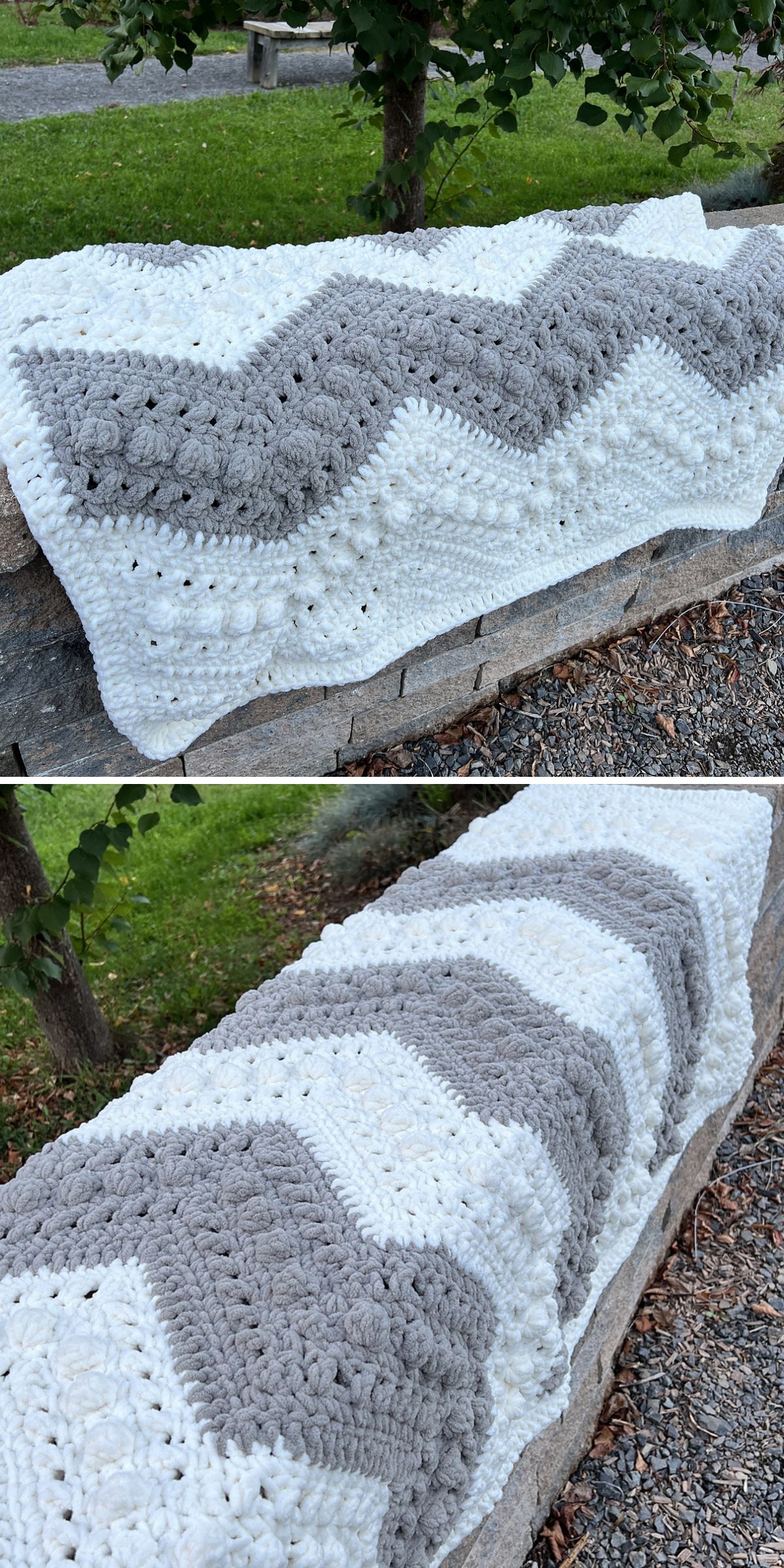 a crochet baby blanket in beige and white