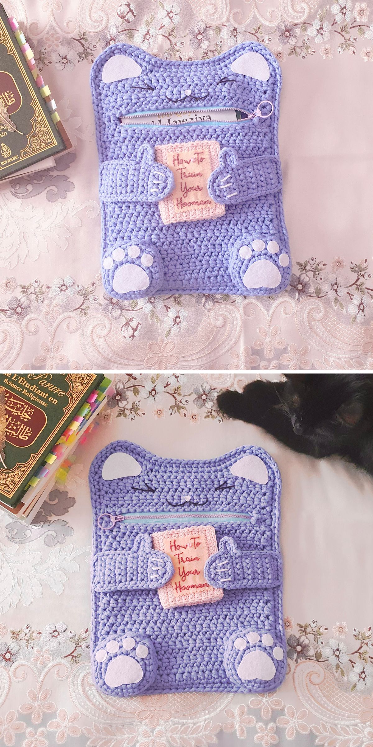 a violet crochet book cover shaped like a cat