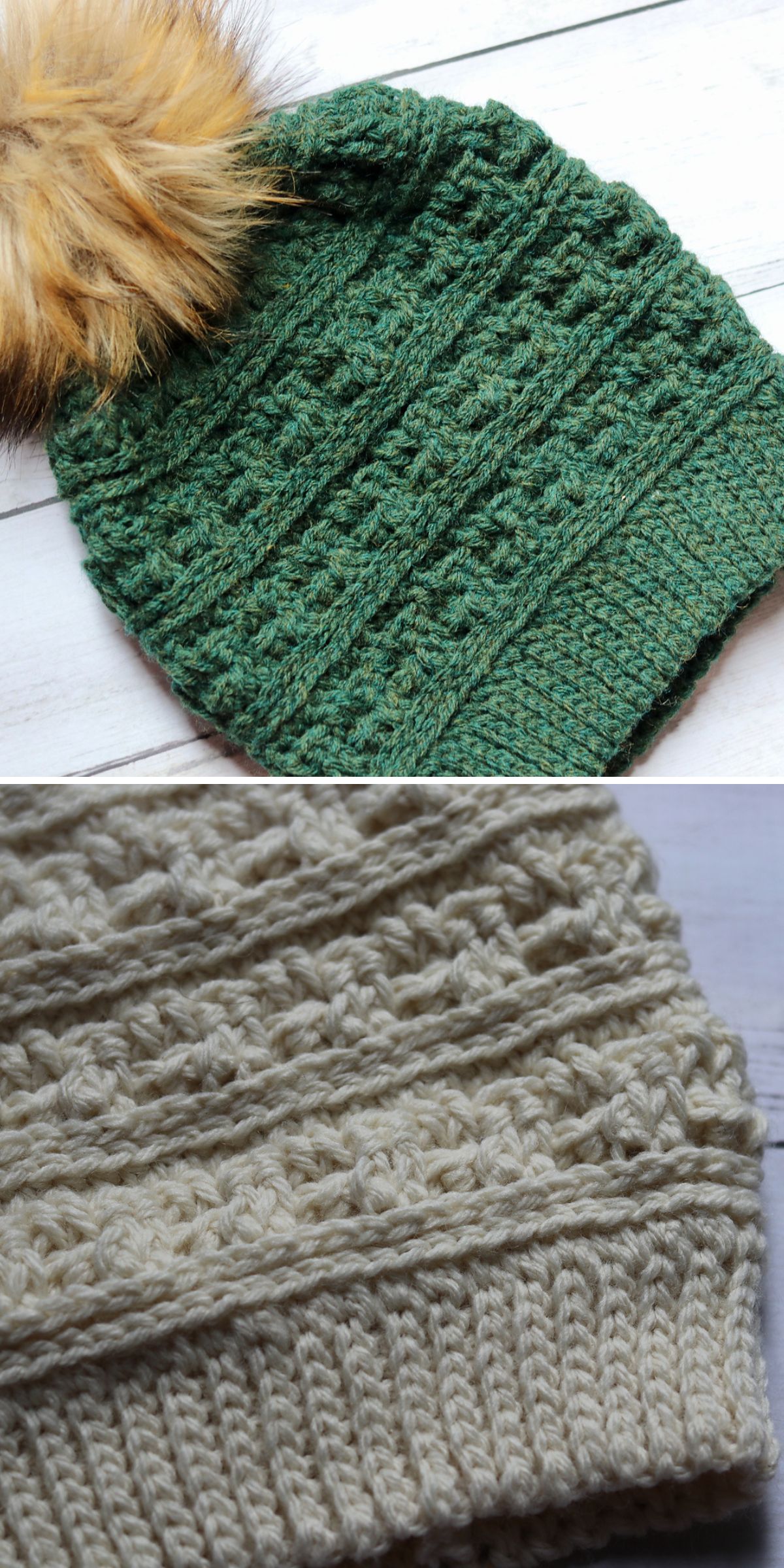 a crochet beanie with a pom pom in green