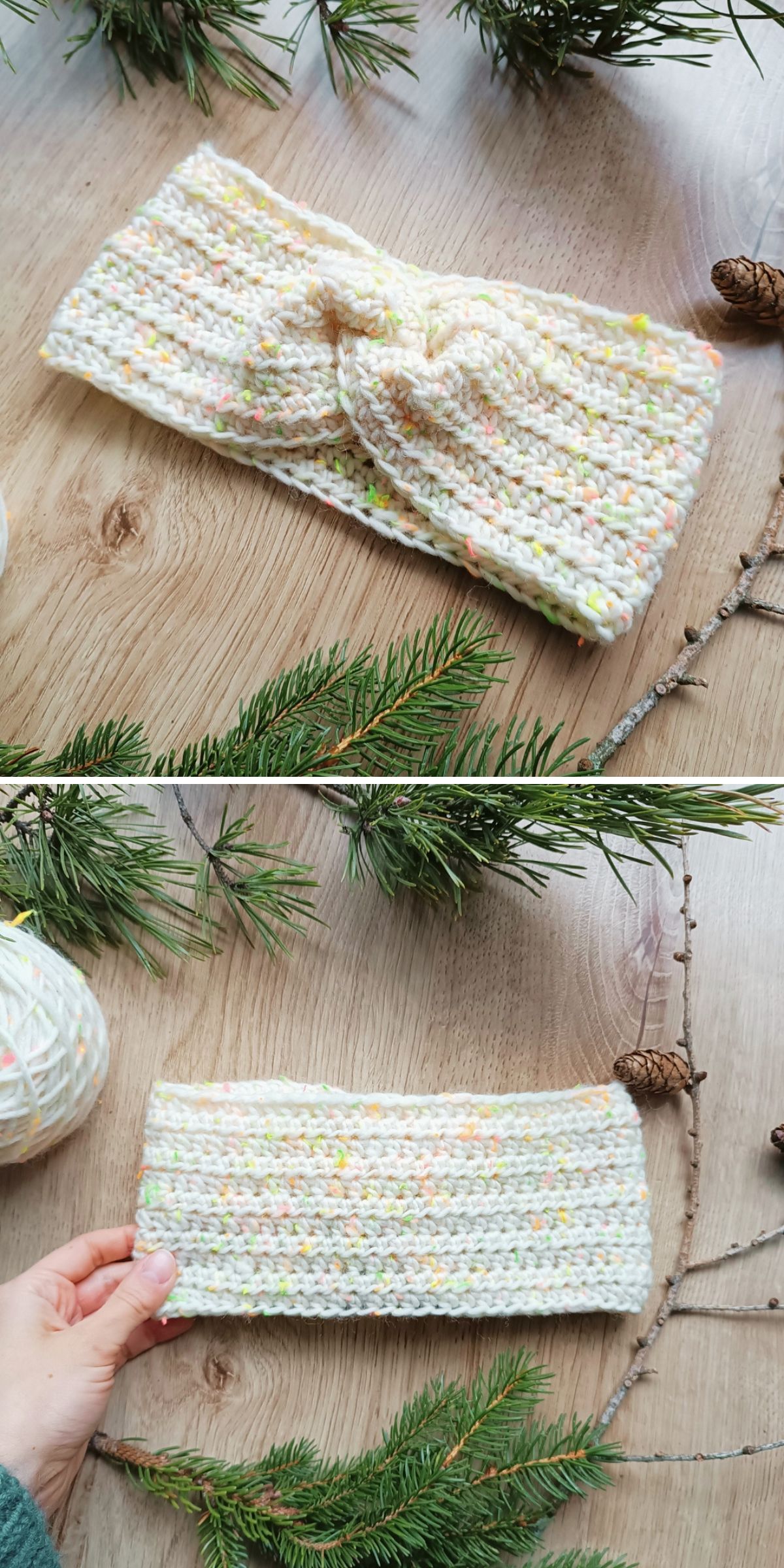 Two photos showcase a crochet headband on a wooden surface, beautifully accented by pine branches and cones. The headband is cream-colored with multicolored speckles.