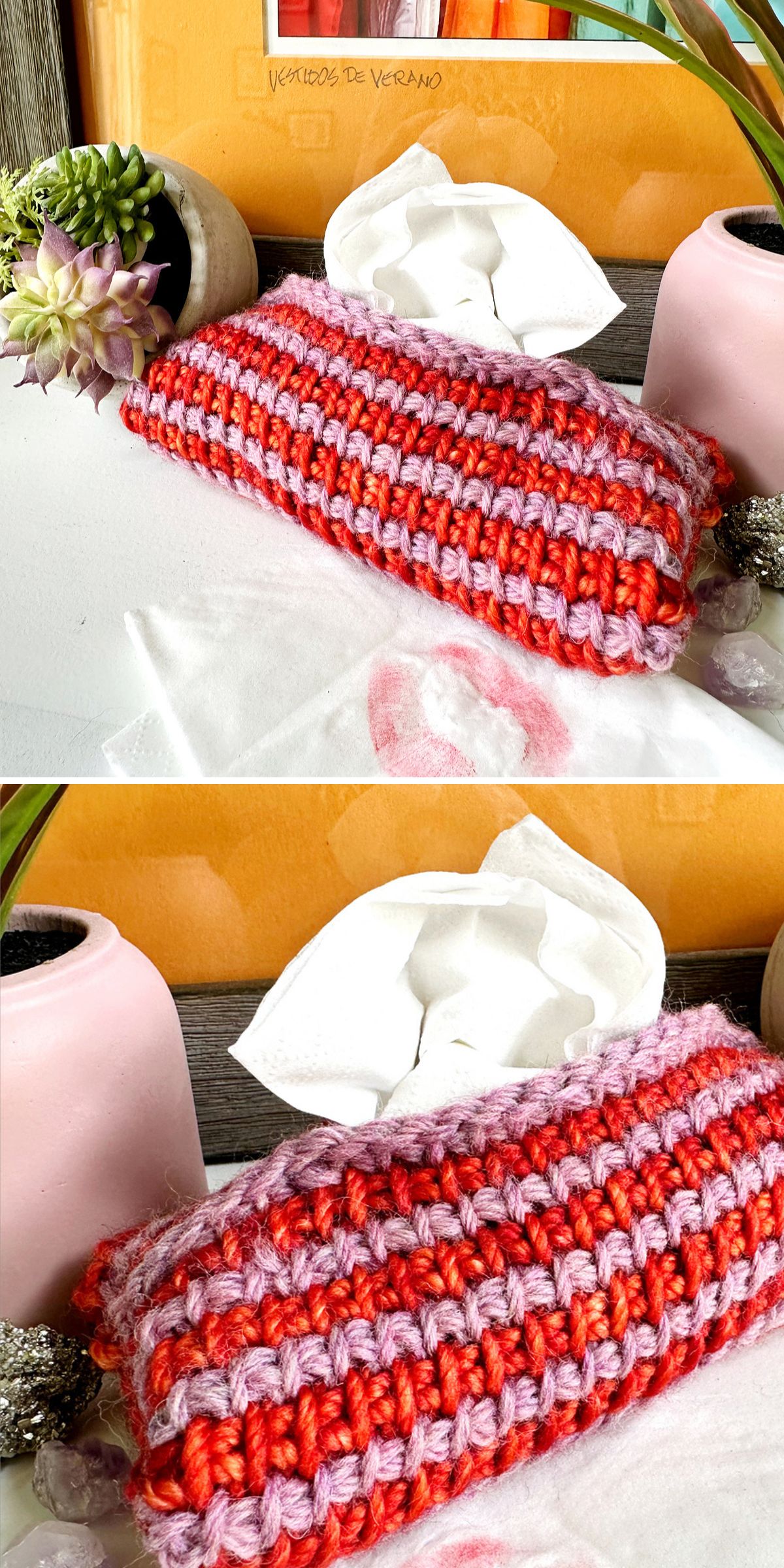 striped tunisian crochet tissue box cover in vibrant colors