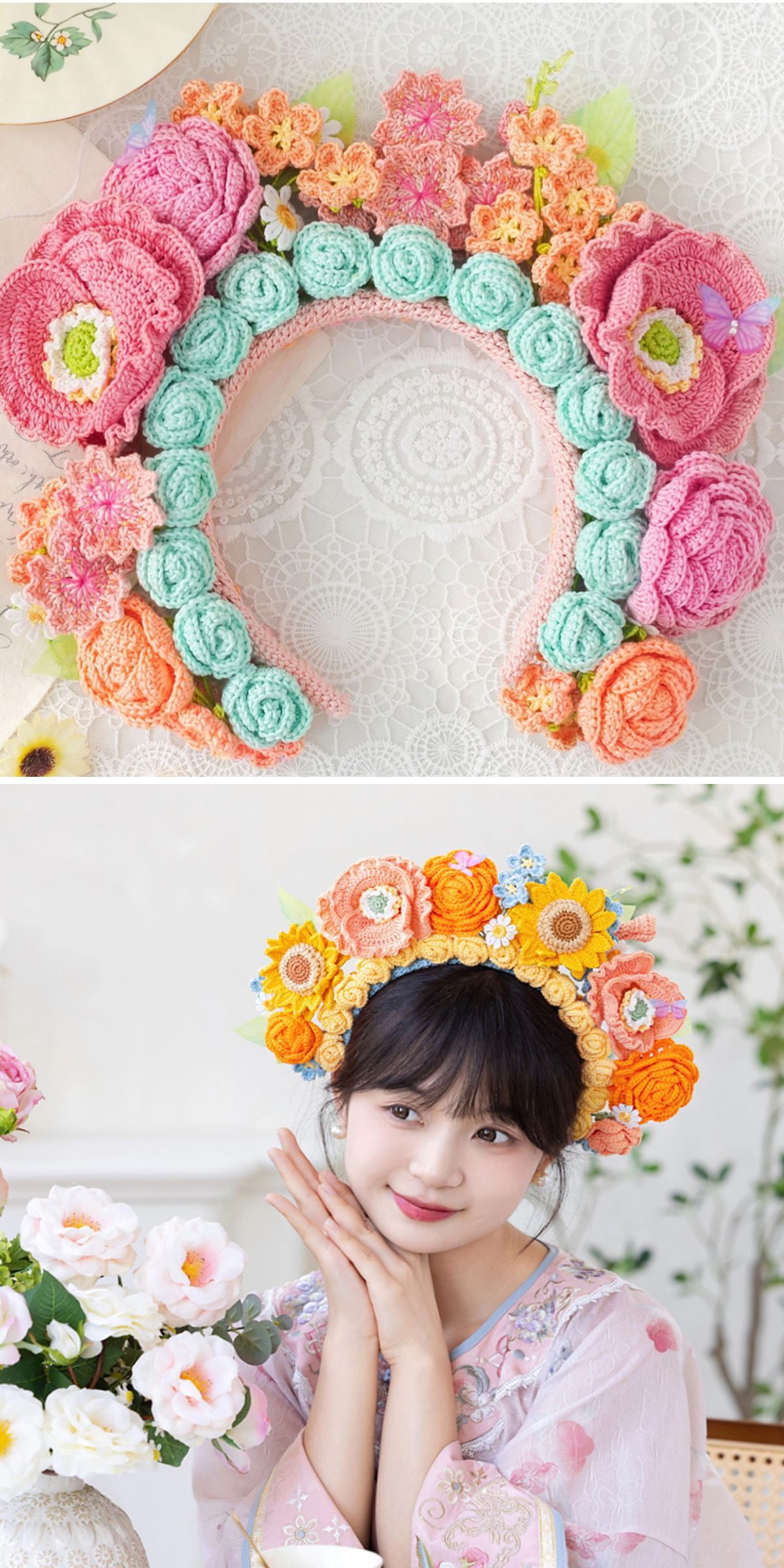 Crocheted floral headdress in vibrant colors, shown alone and worn by a person with a floral background, doubling as a crochet headband for versatile styling.