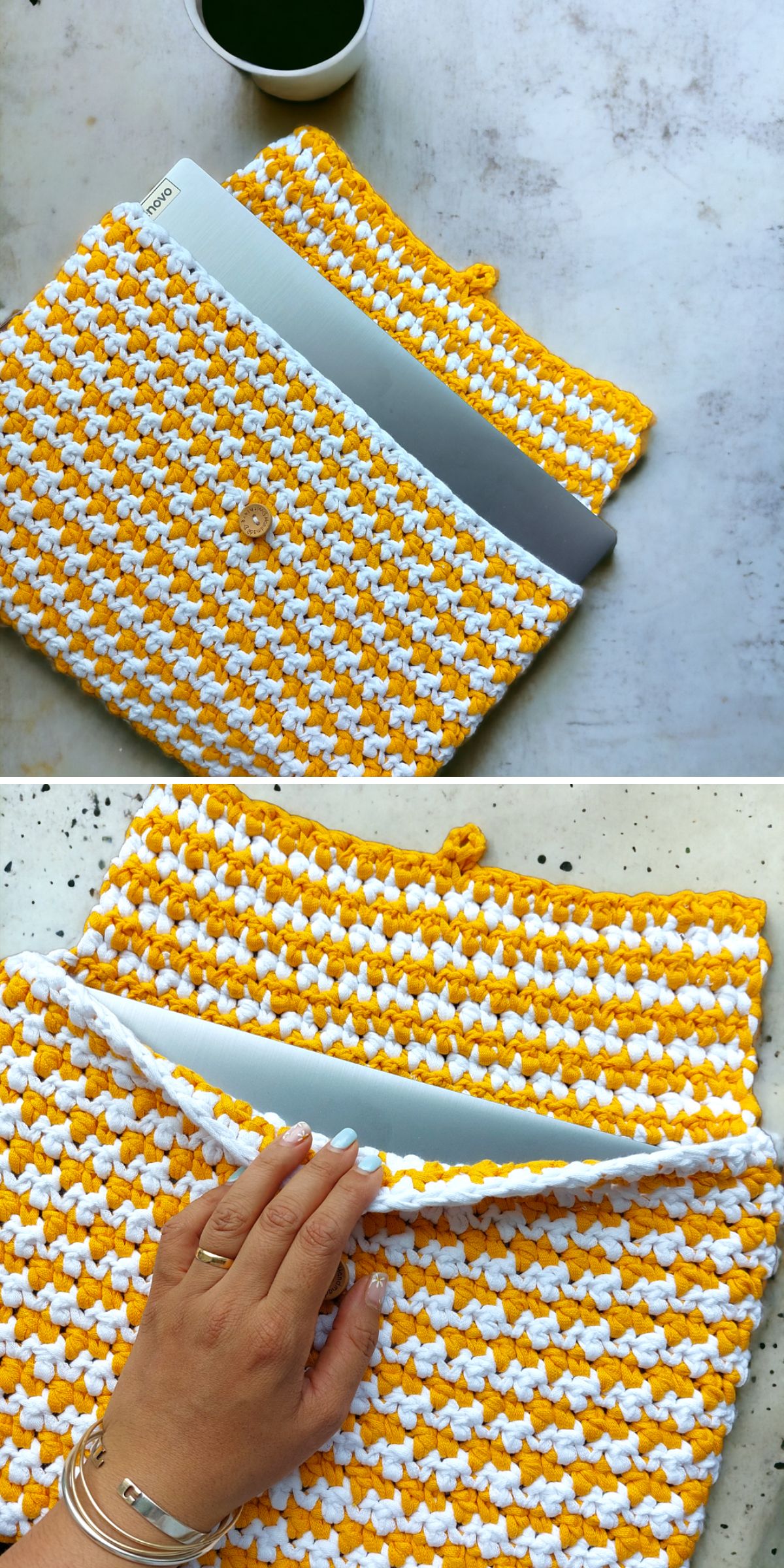 a striped crochet laptop sleeve
