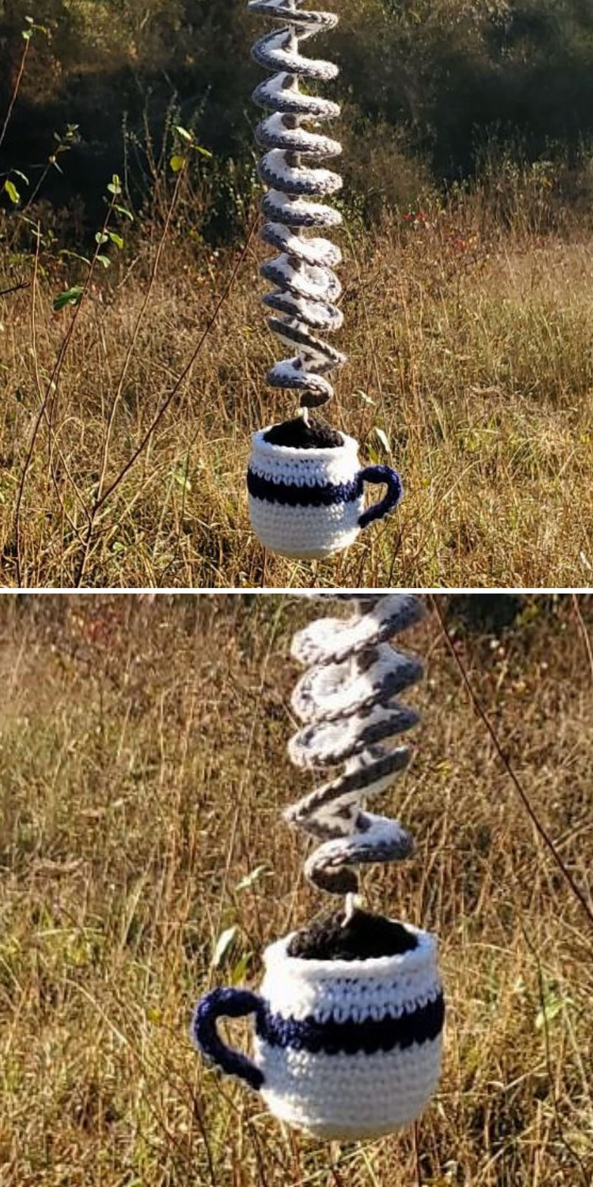 a crochet wind spinner with a coffee cup hanging from the bottom