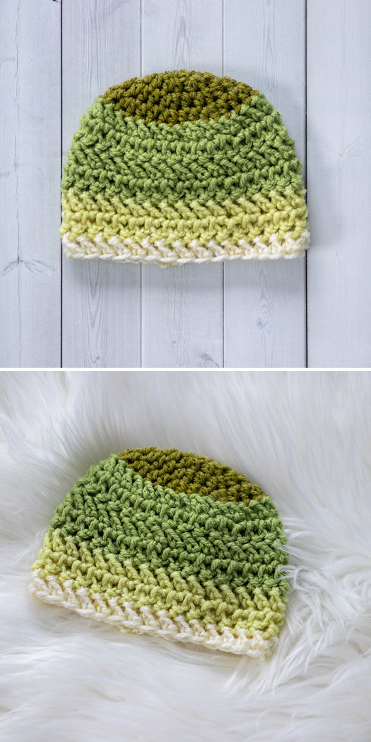 Two images of crochet beanies, distinguished by vibrant green and white gradient stripes. The first image showcases the beanie atop a rustic wooden surface, while the second places it against a soft, fluffy white background.