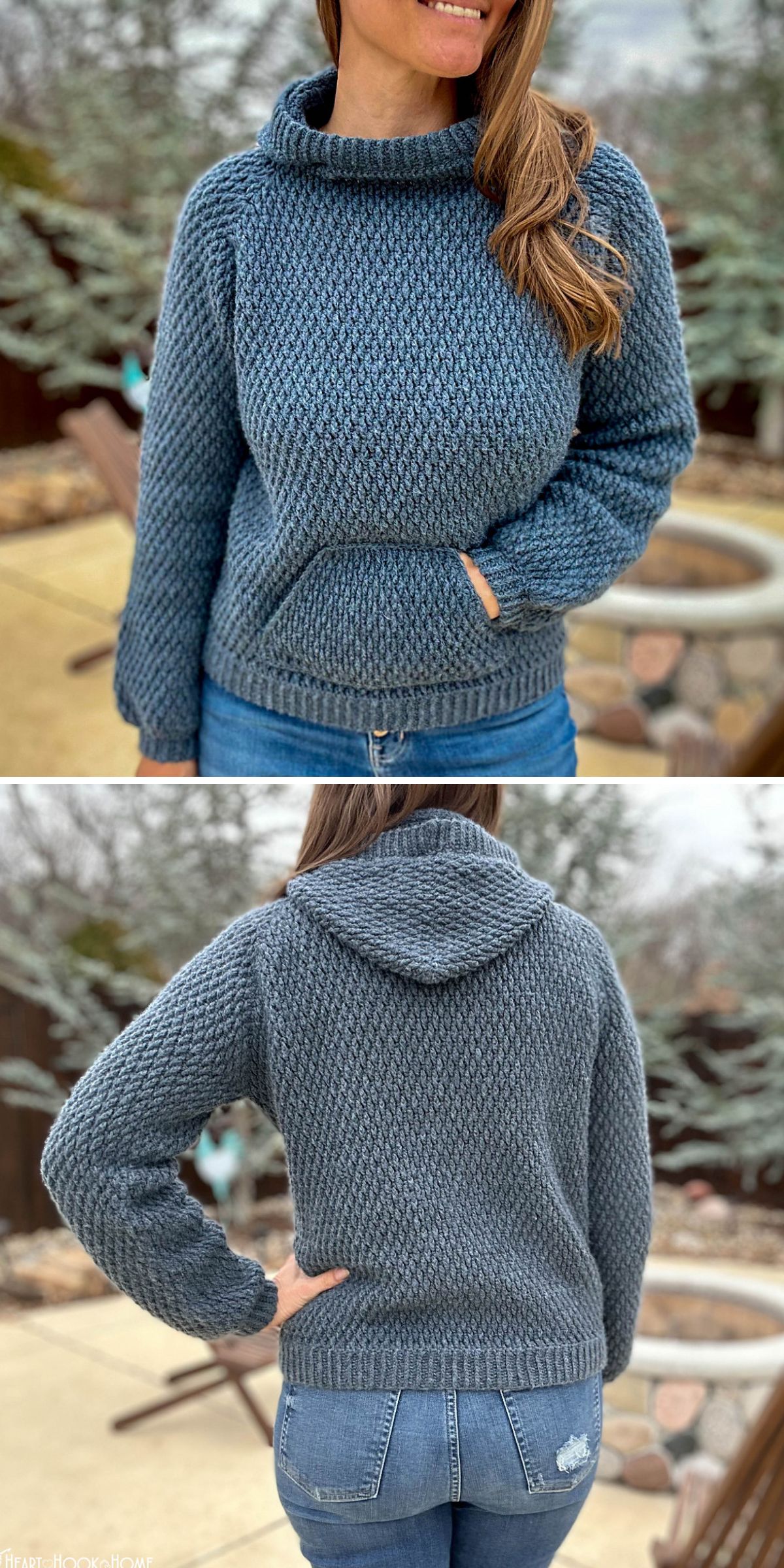 a woman wearing a simple crochet hoodie with a front pocket in a blue color