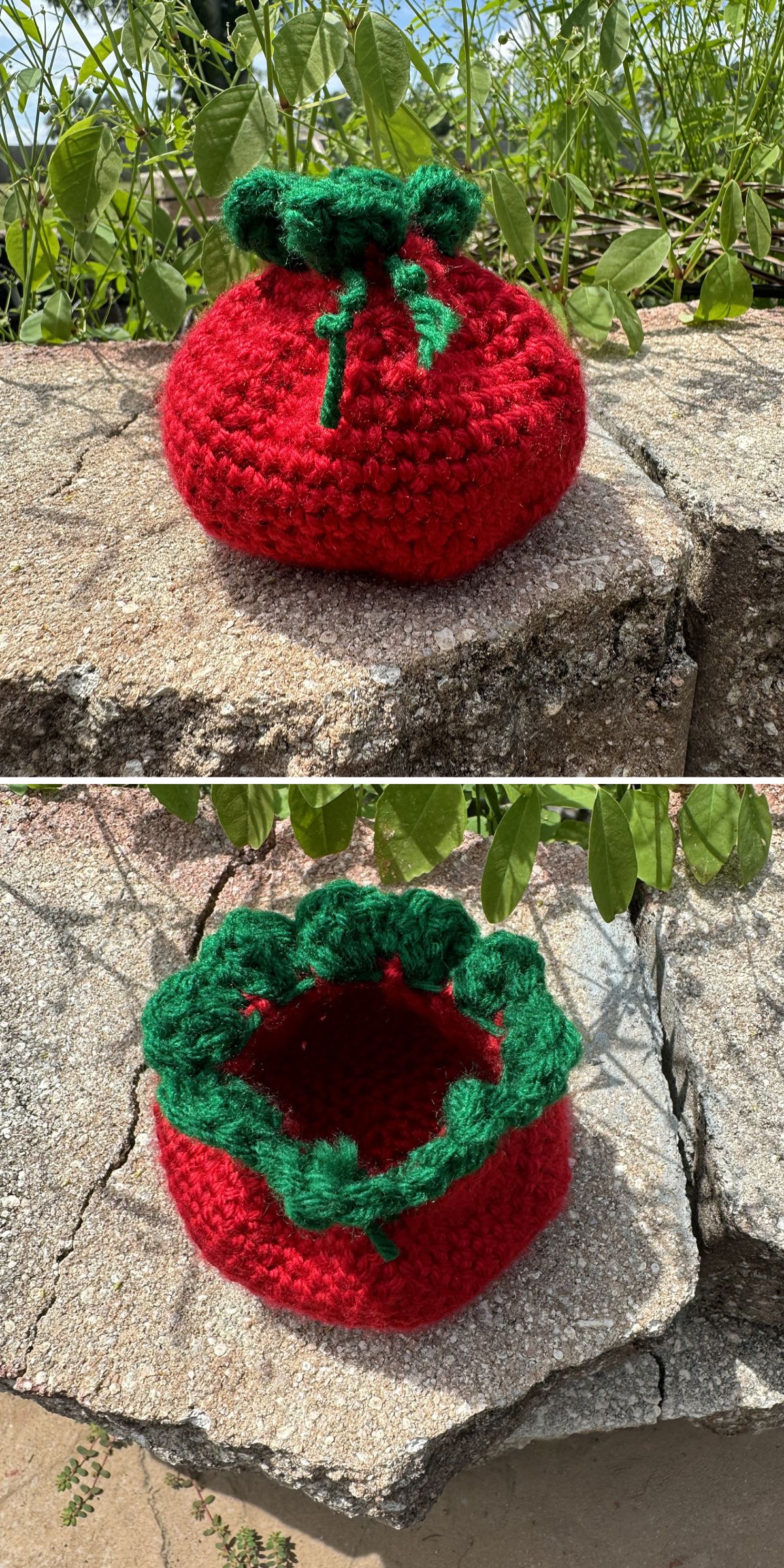 a tomato-shaped crochet pouch