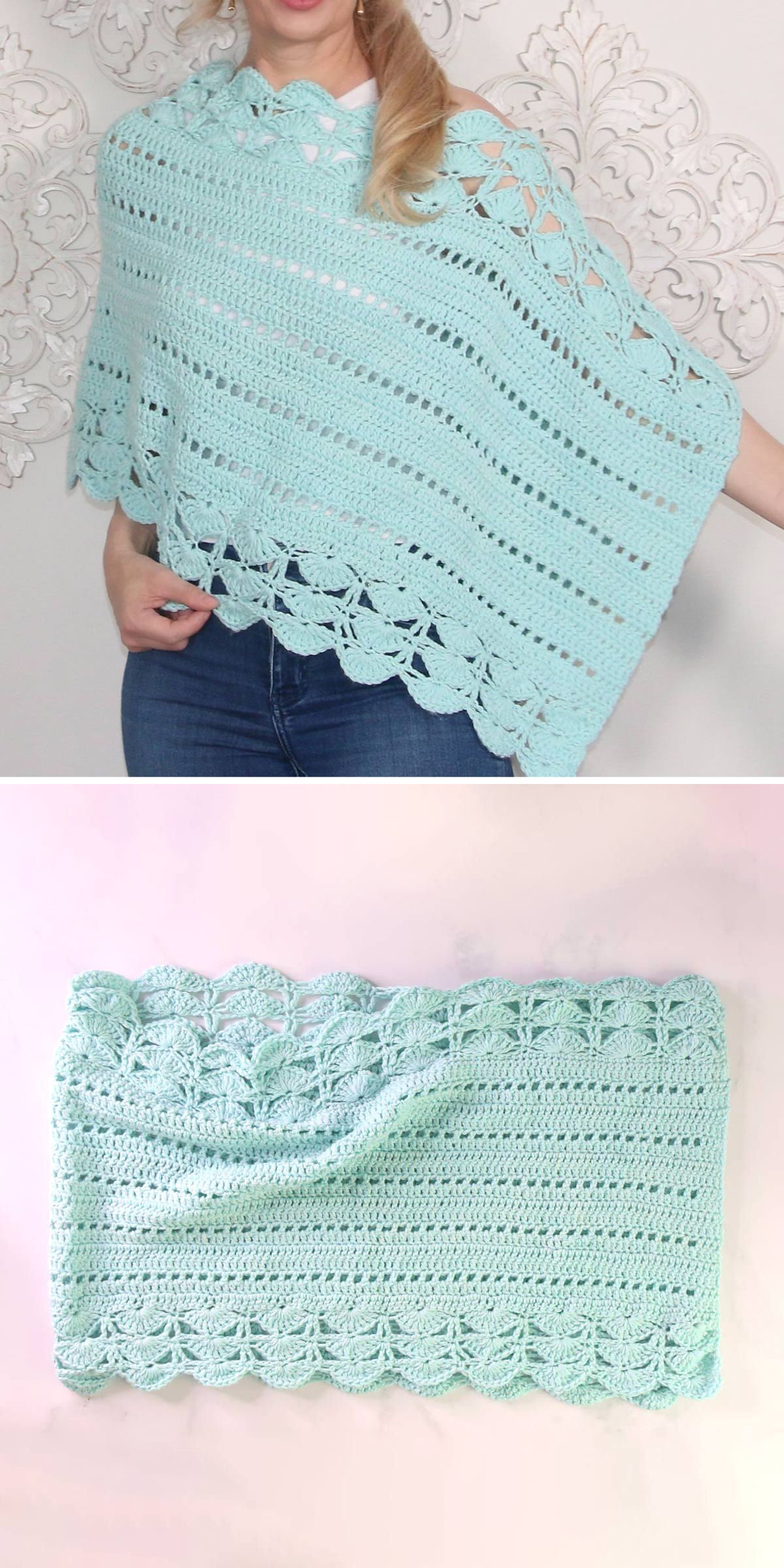 a woman wearing a crochet poncho with a beautiful lace edging