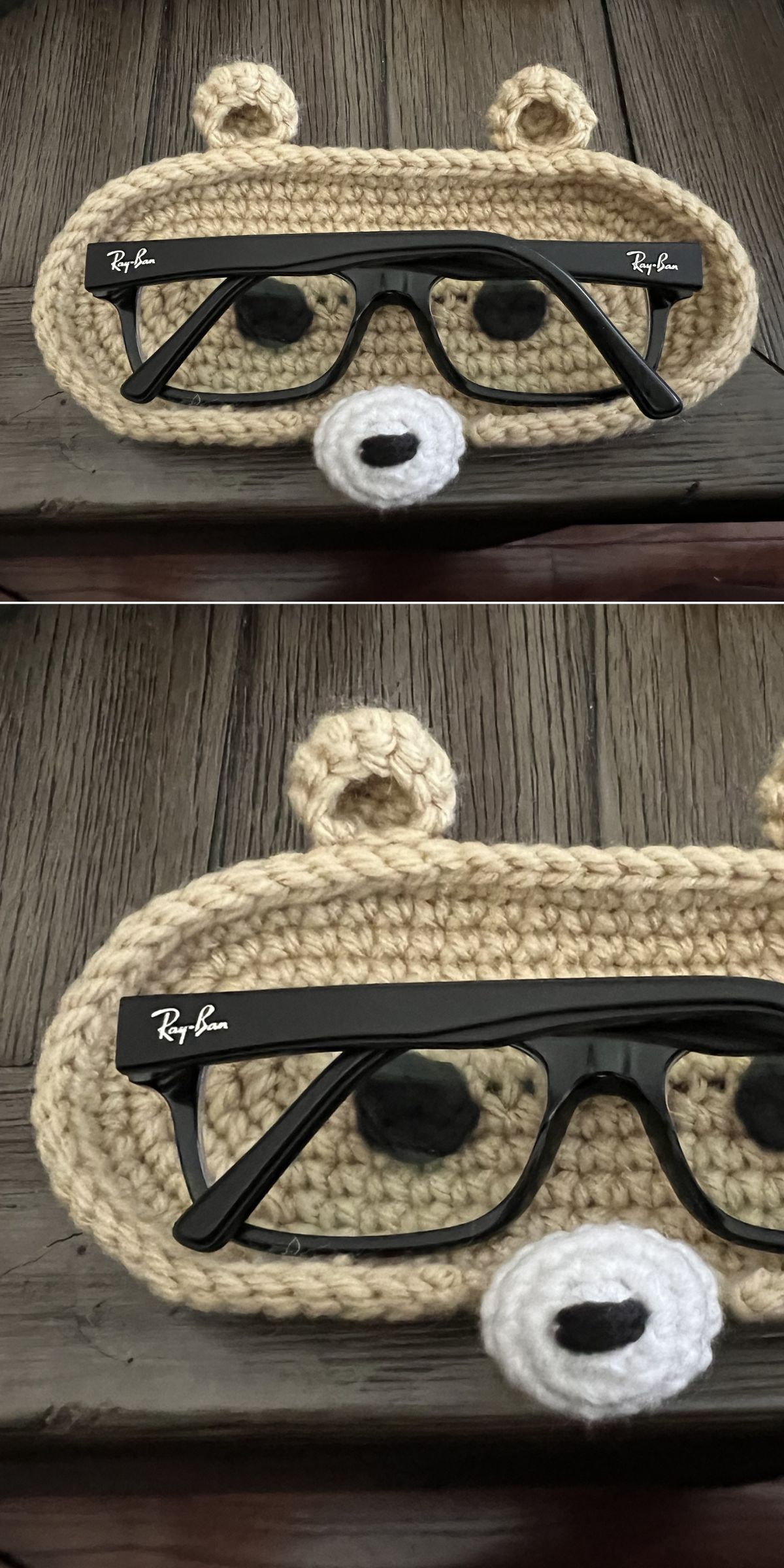 a bear-shaped crochet eyeglasses holder