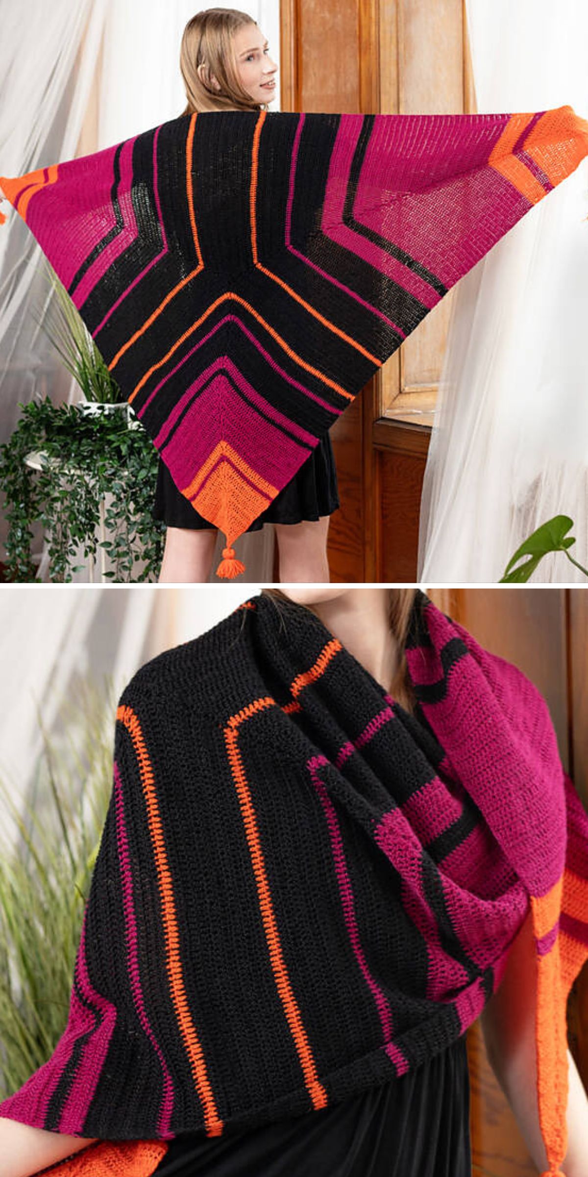 a large crochet triangle shawl with a multicolored geometric design