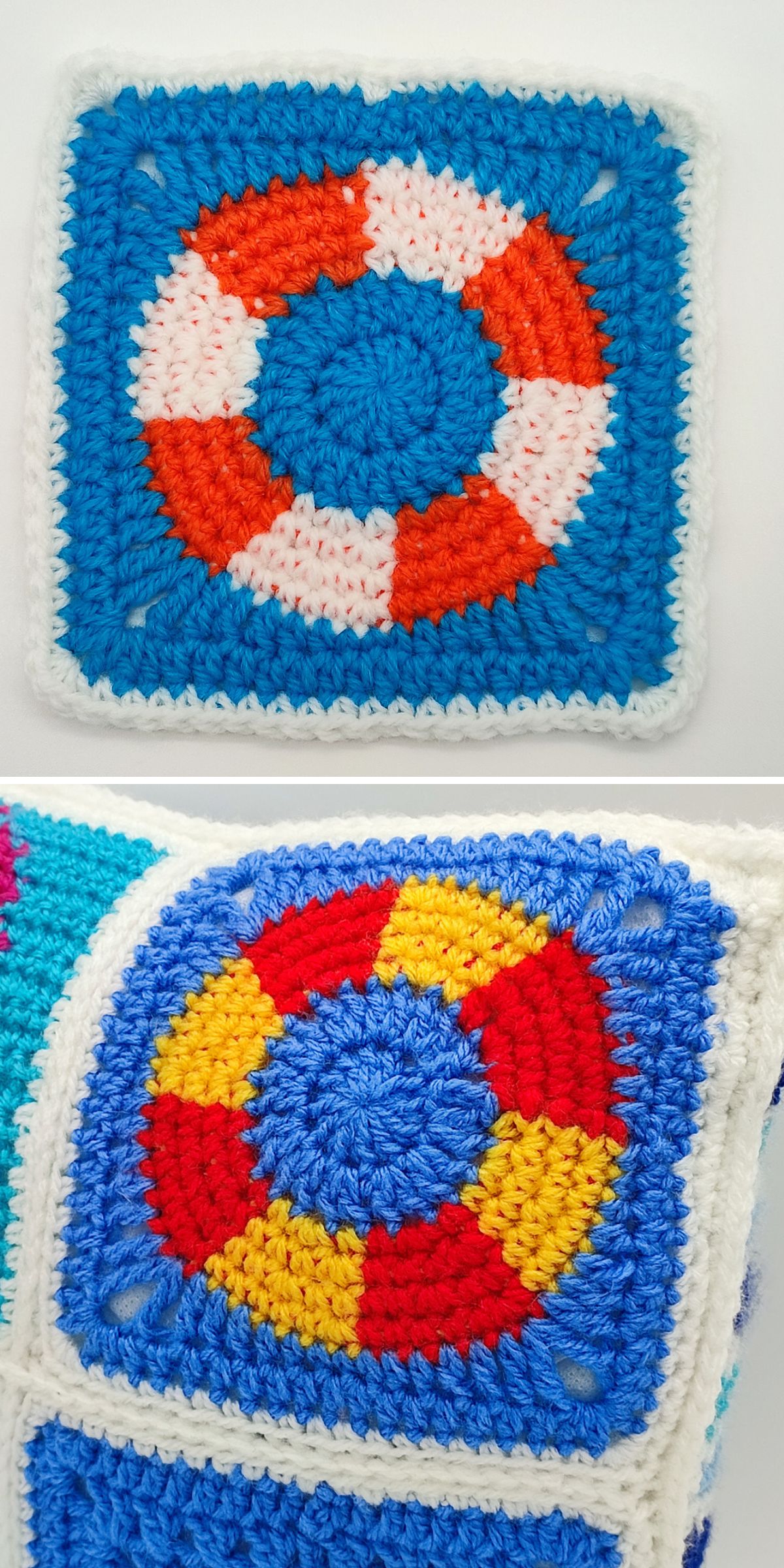a colorful crochet squares with a rubber ring motif