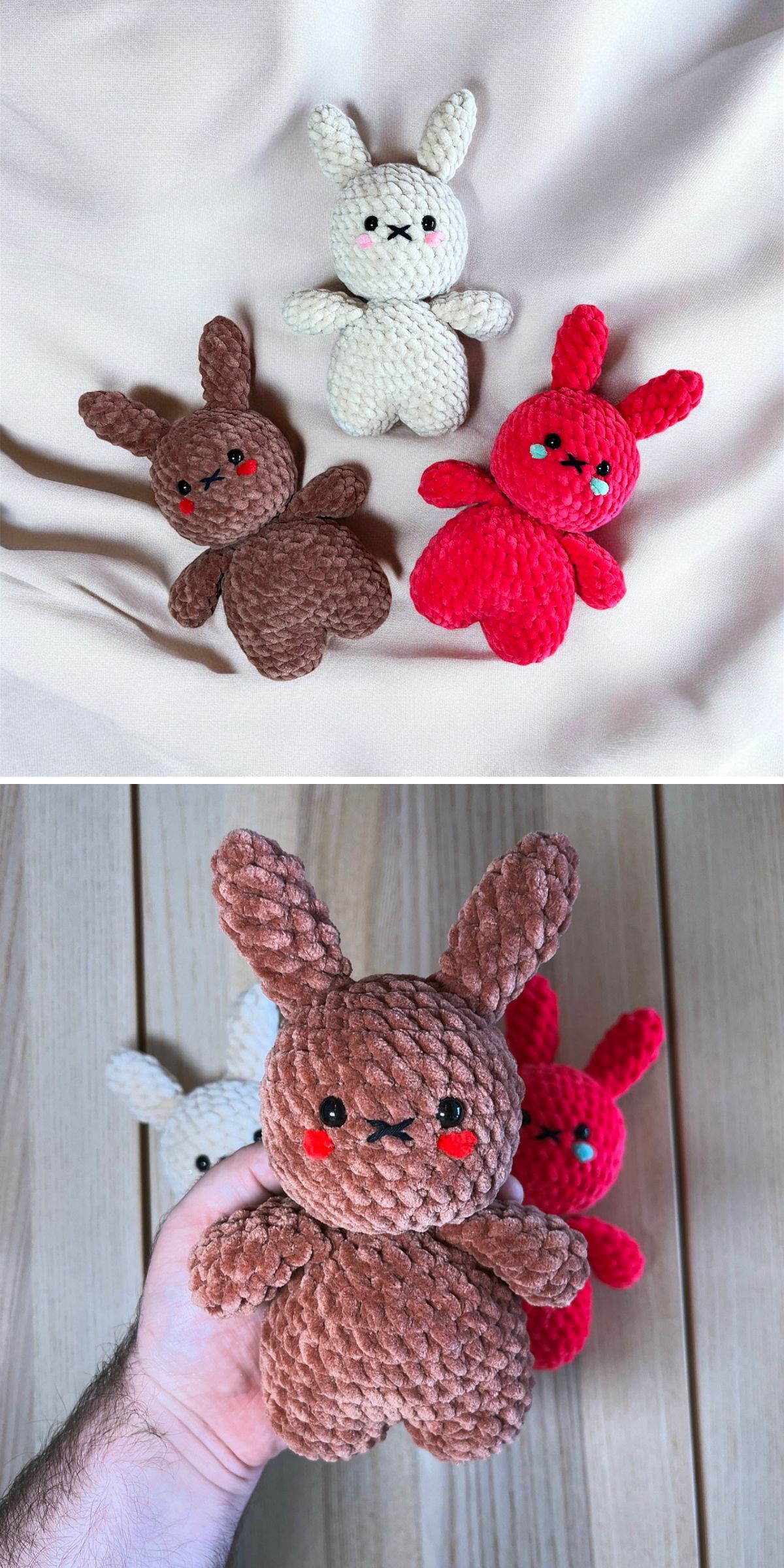 three crochet bunnies worked in soft chenille yarn