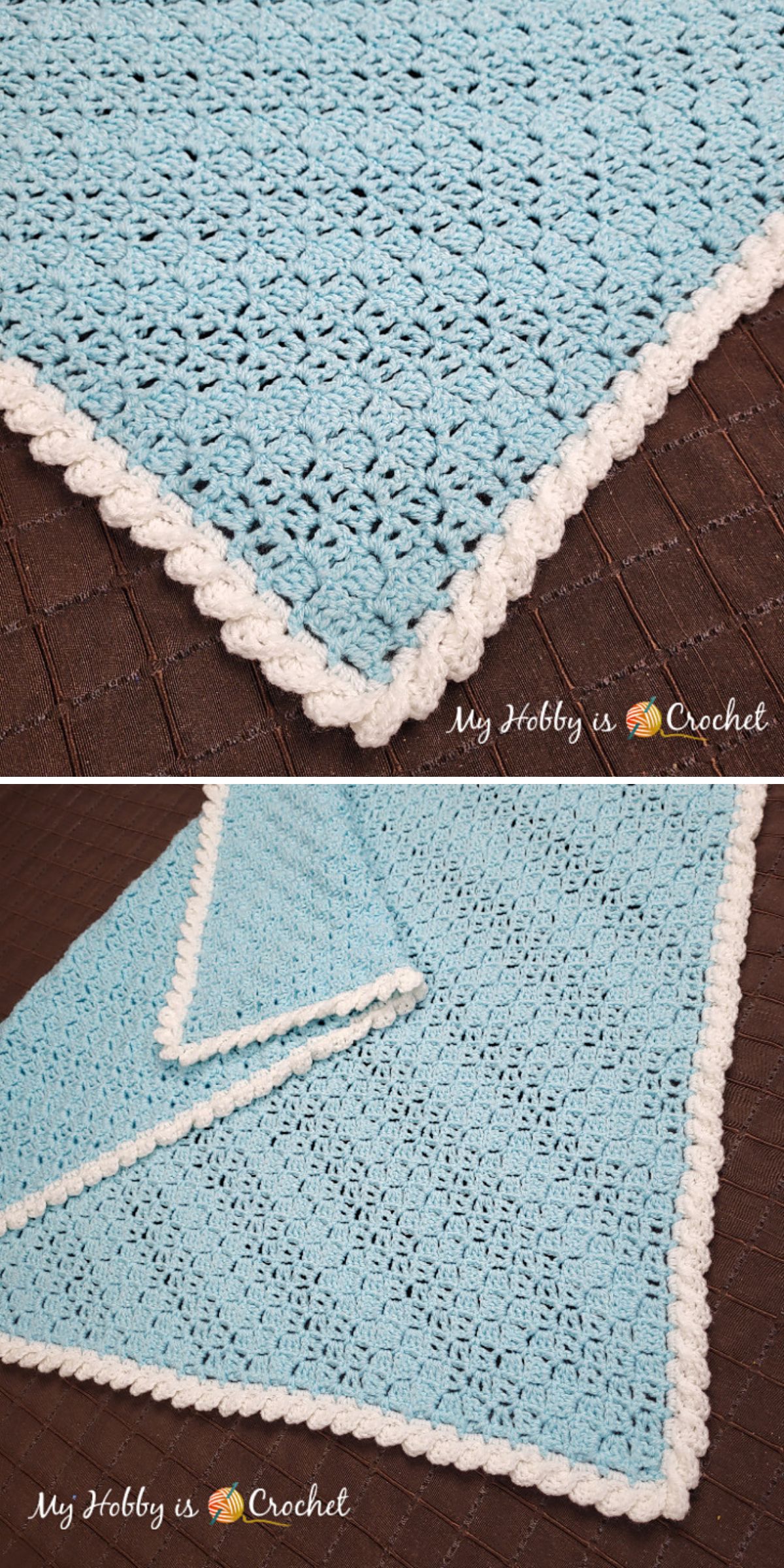 a crochet baby blanket in a soft blue color and a white border