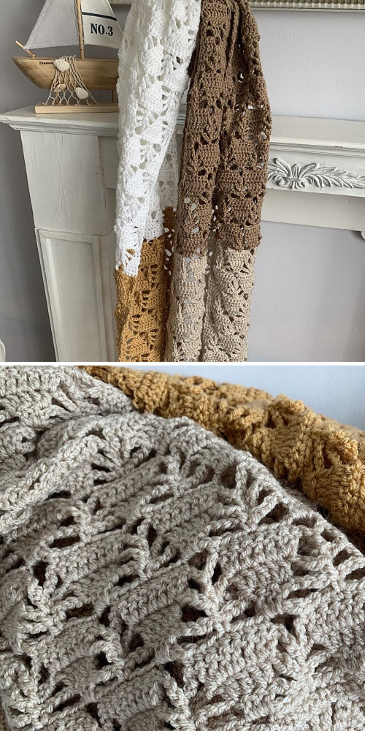 a crochet wrap with a lace texture made in warm neutral colors