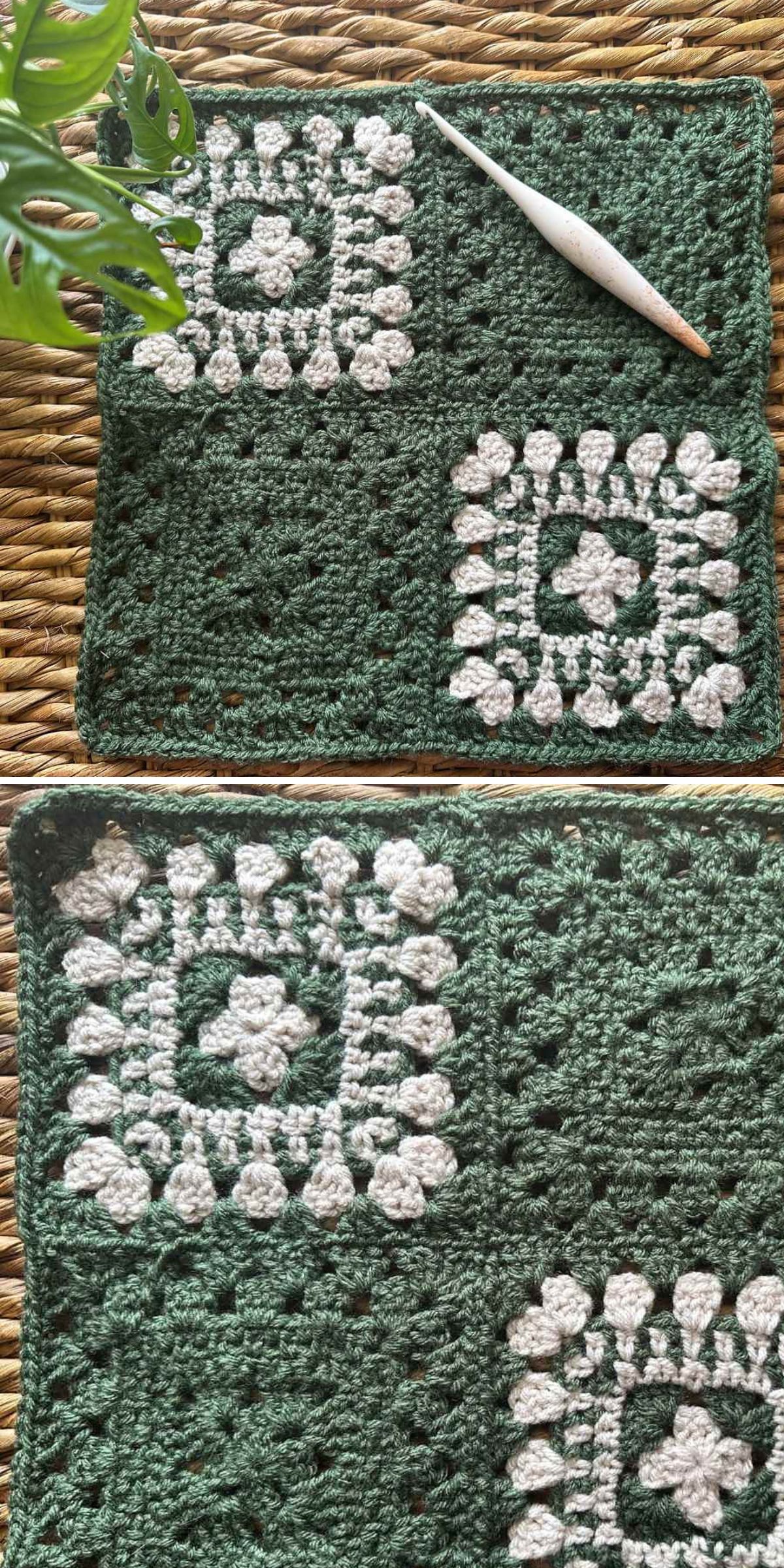 elegant crochet granny squares in white and dark green