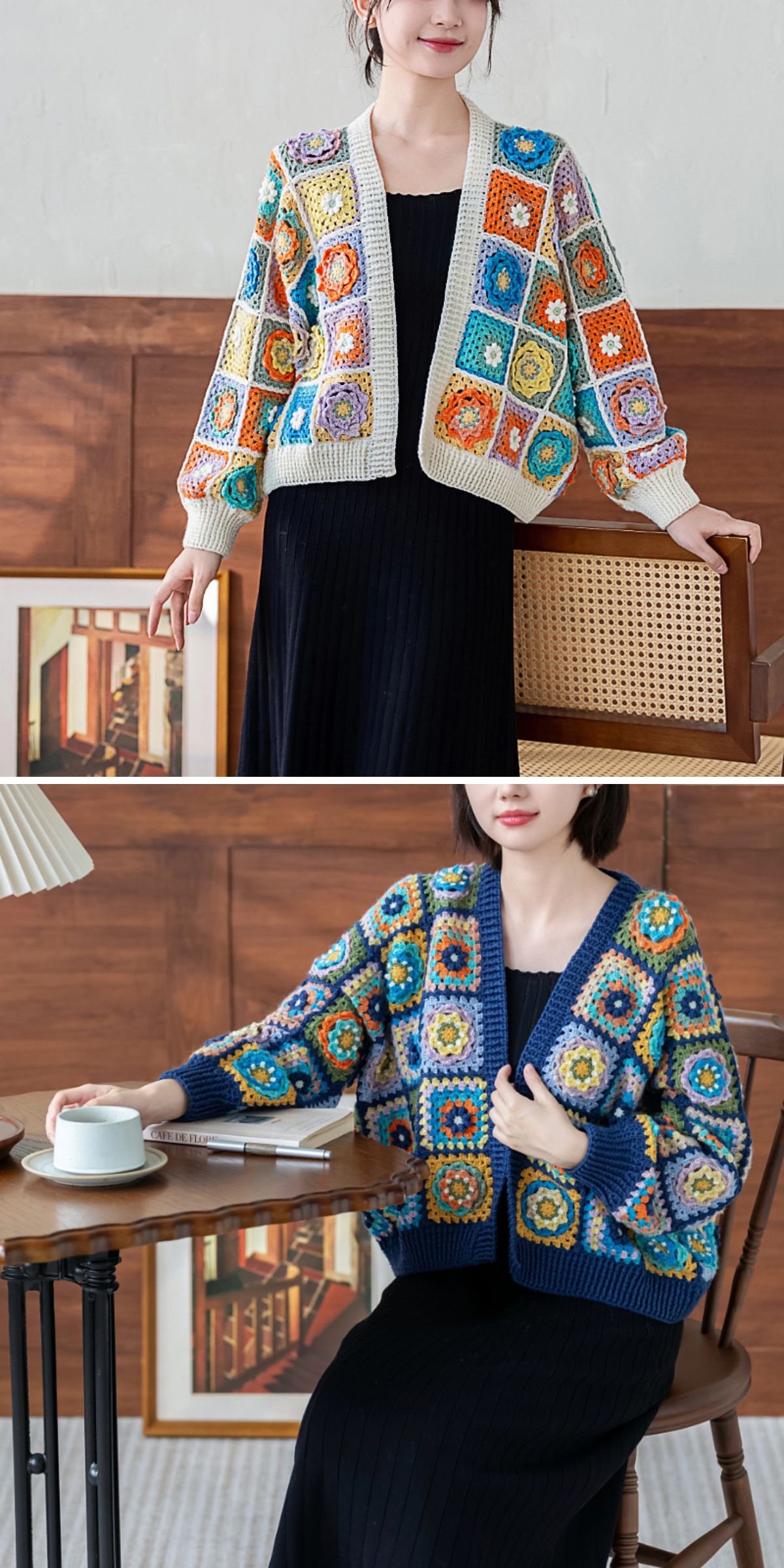open-front crochet cardigan worked in granny squares with flower motifs