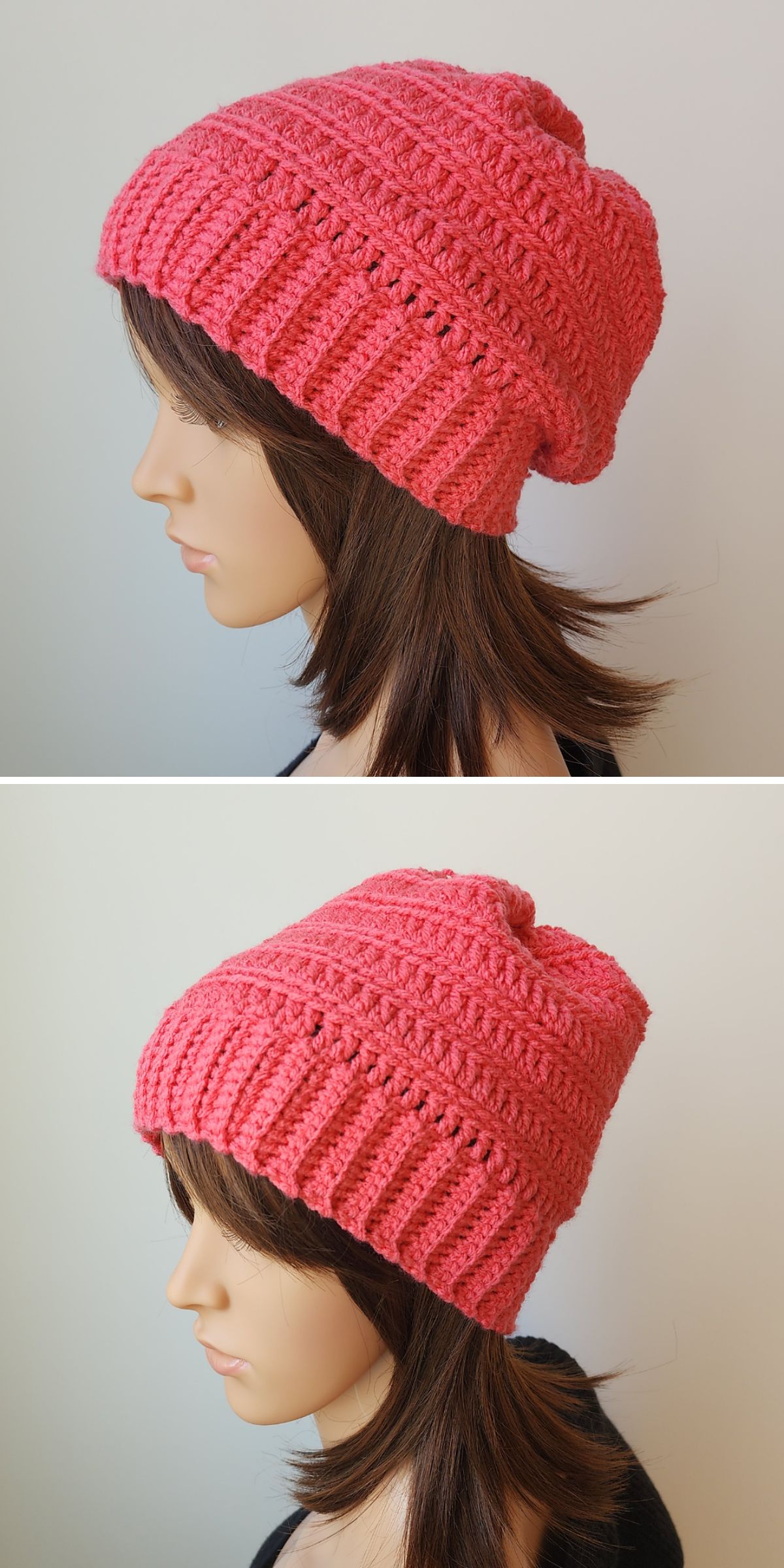 a pink crochet slouch beanie on a mannequin
