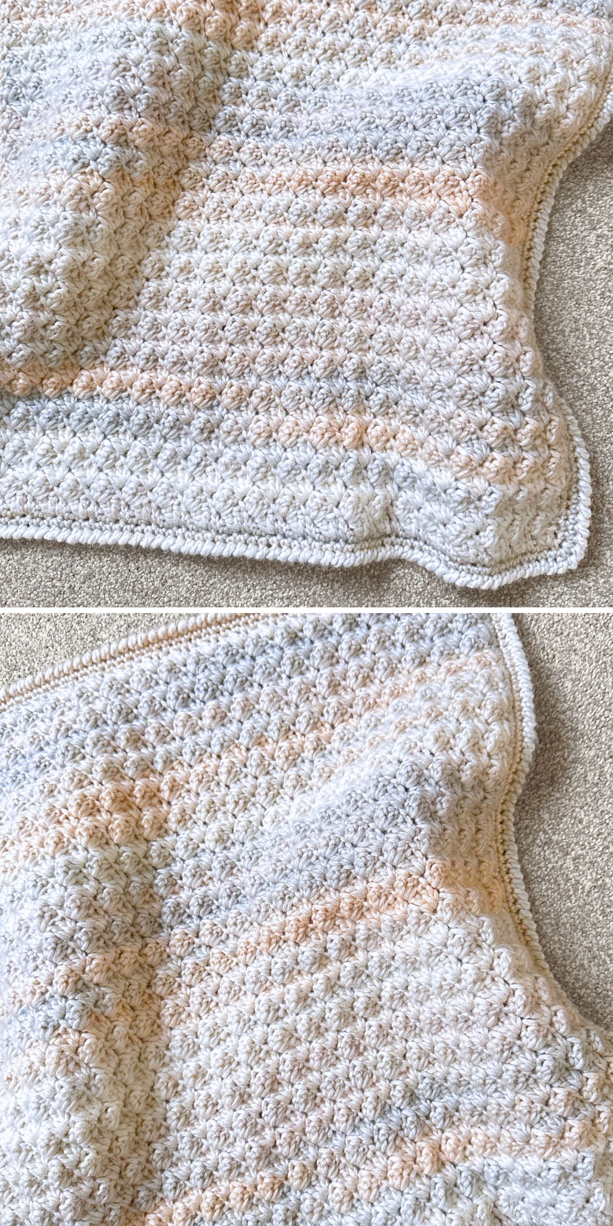 a crochet baby blanket with a unique texture and pastel colorway