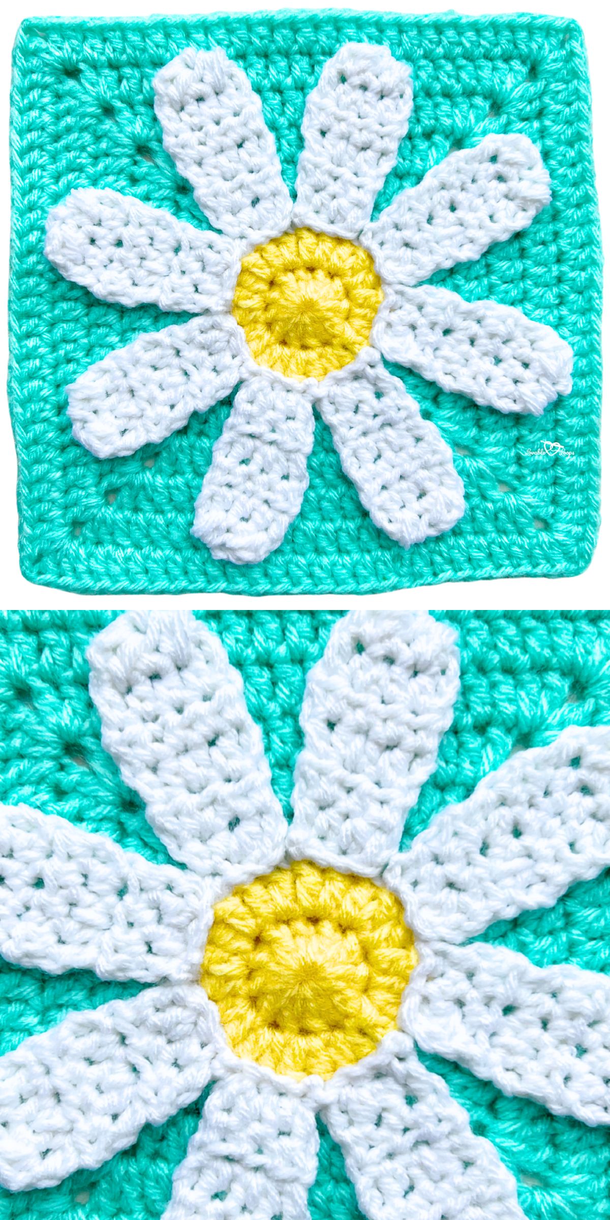 a vibrant crochet square with a big daisy flower motif