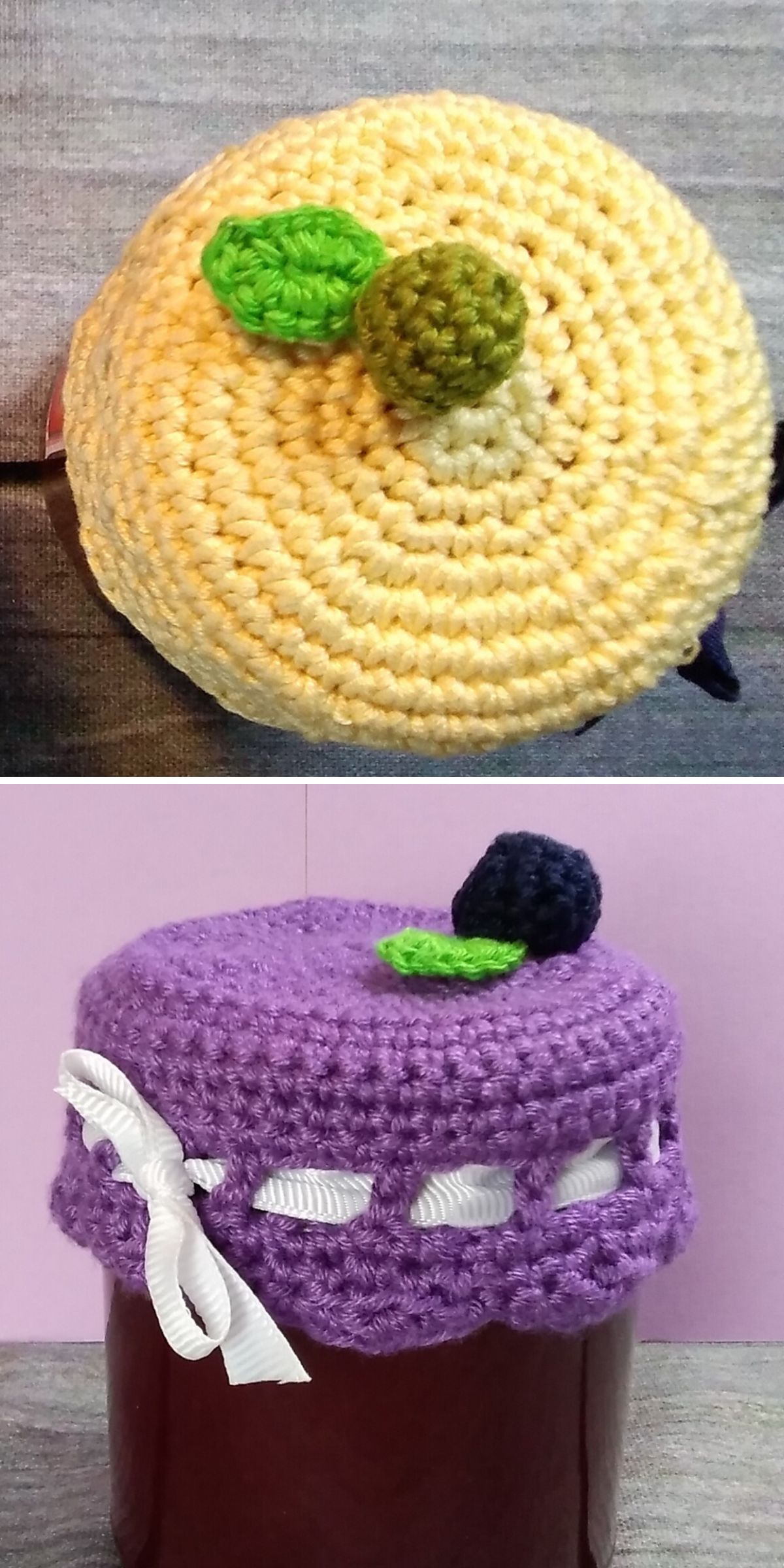 two crochet jar covers in yellow and purple
