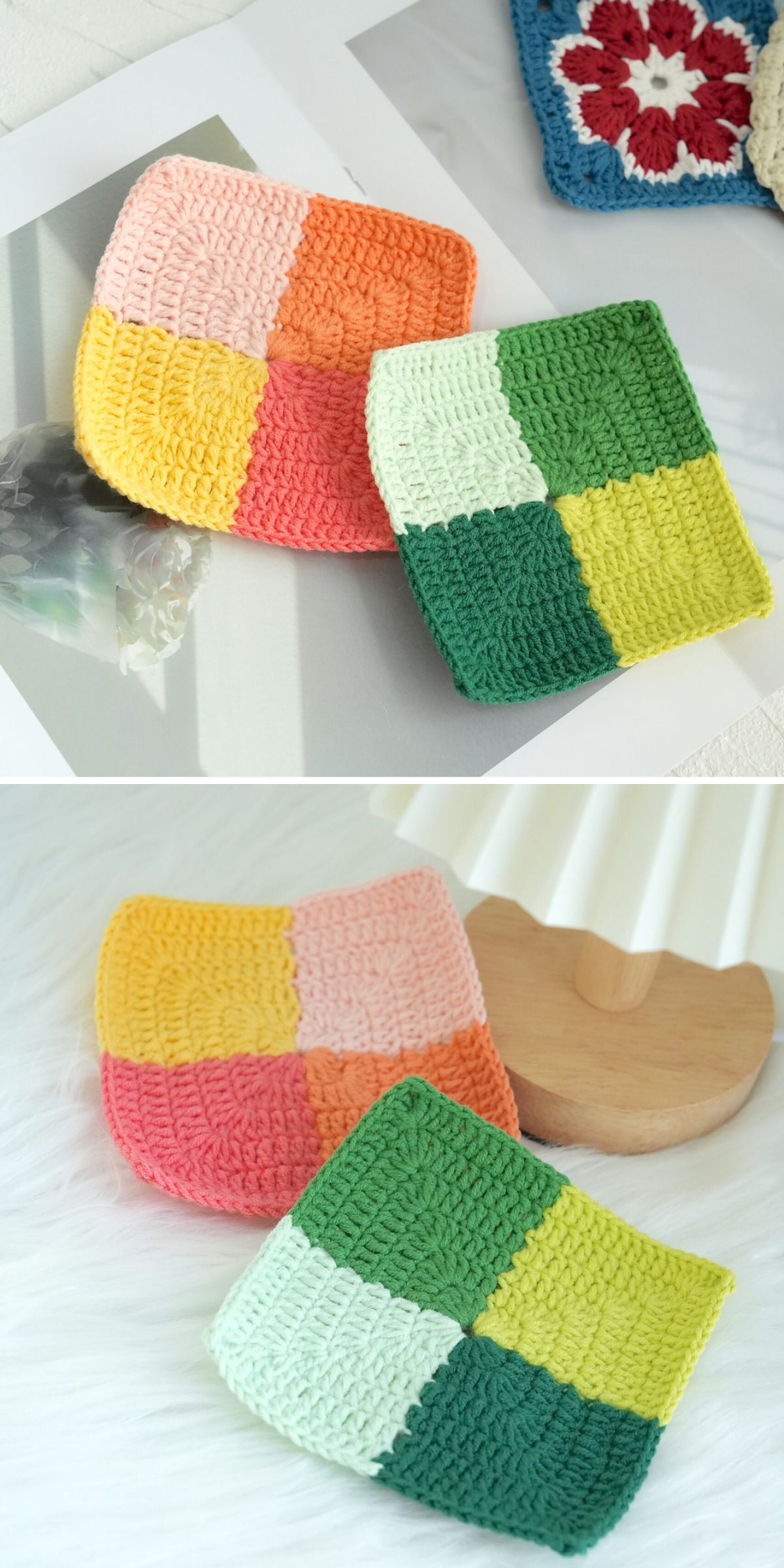 crochet granny squares made of smaller squares in different colors
