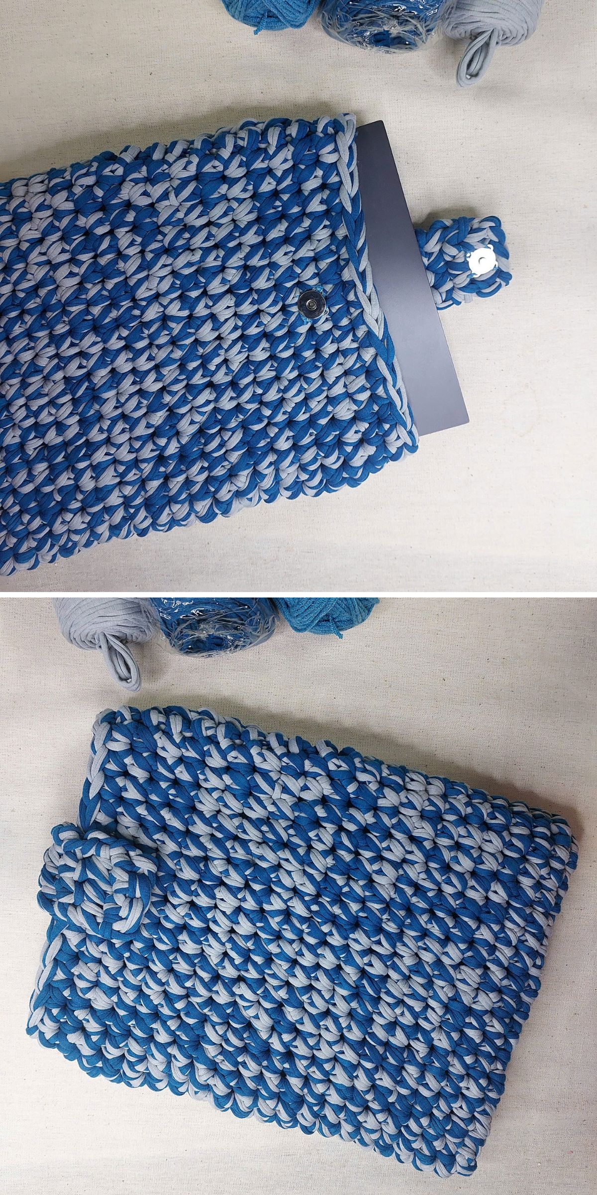 a crocheted laptop cover in blue shades