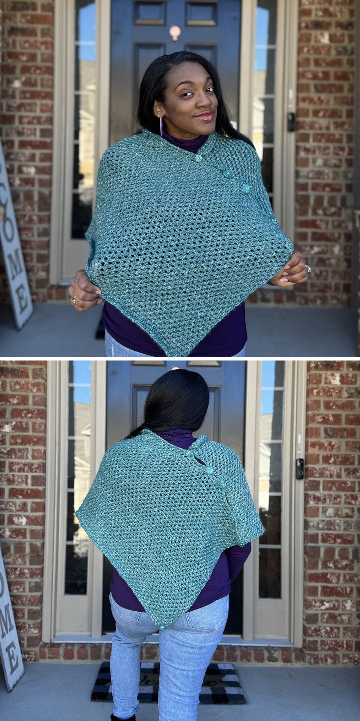 a crocheted poncho in a turquoise color