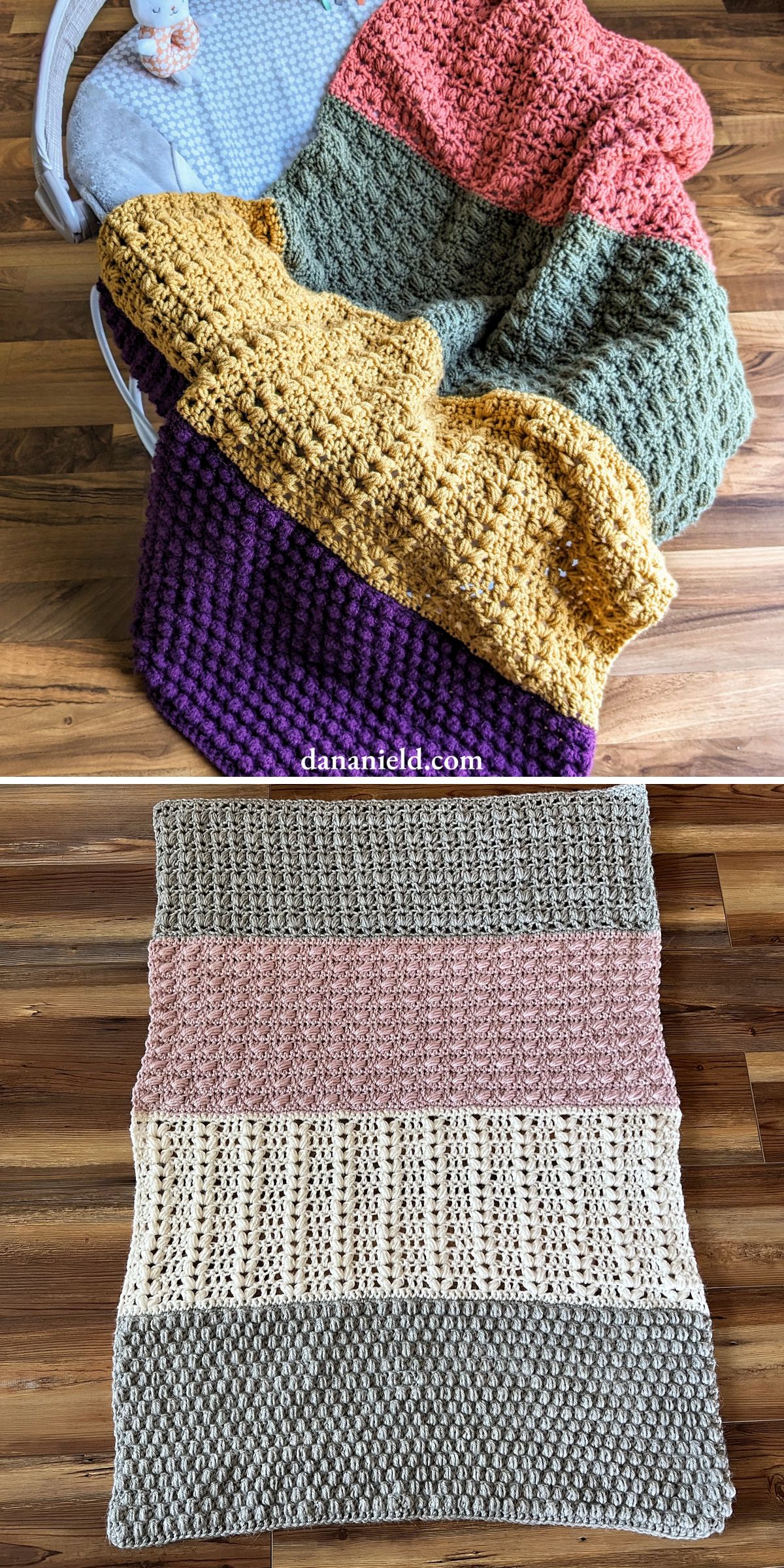 a crocheted blanket with wide stripes and different textures