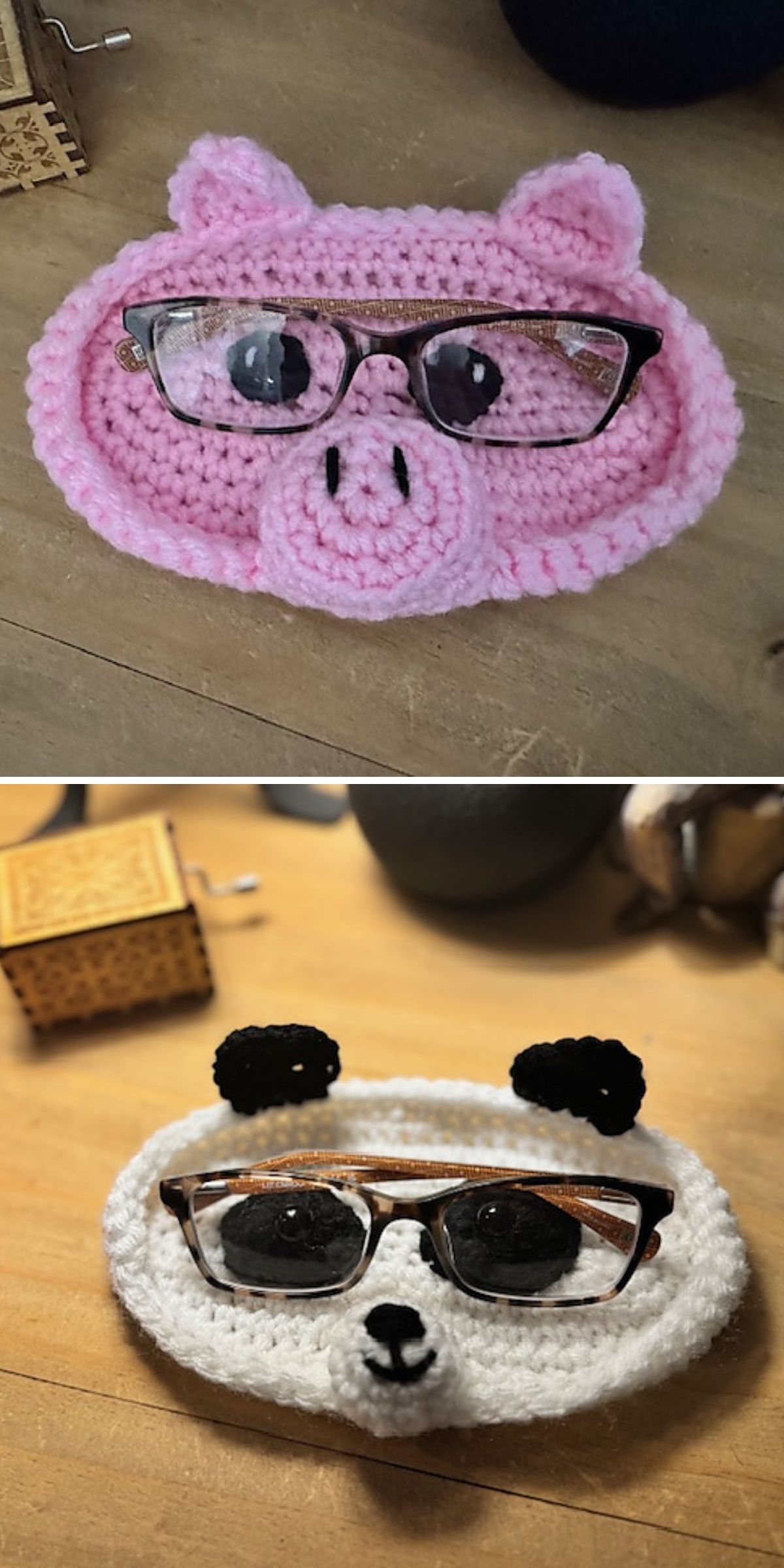 crochet eyeglasses holders with cute pig and panda designs