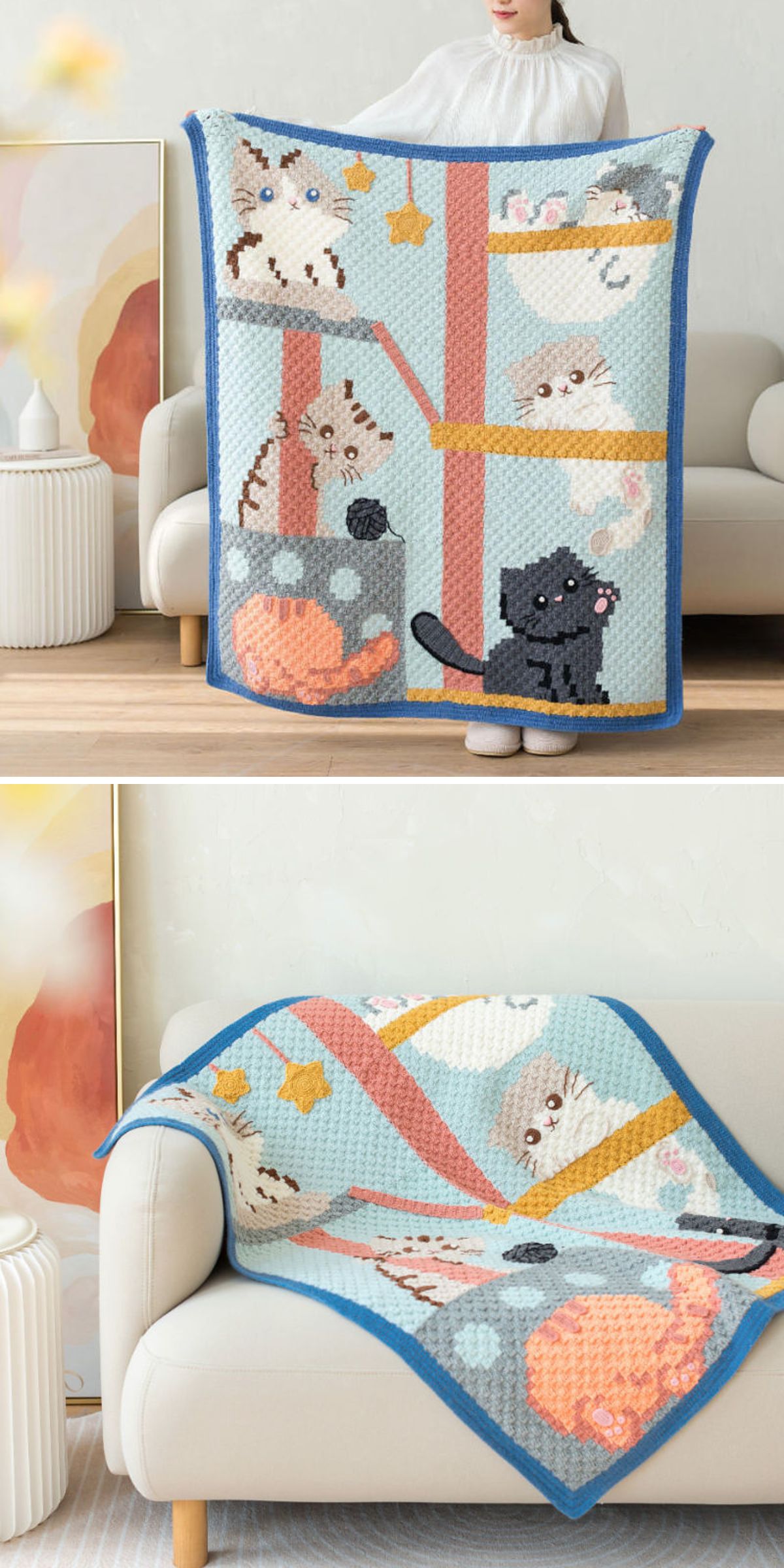 a crochet blanket with intricate pixel-like pet motifs