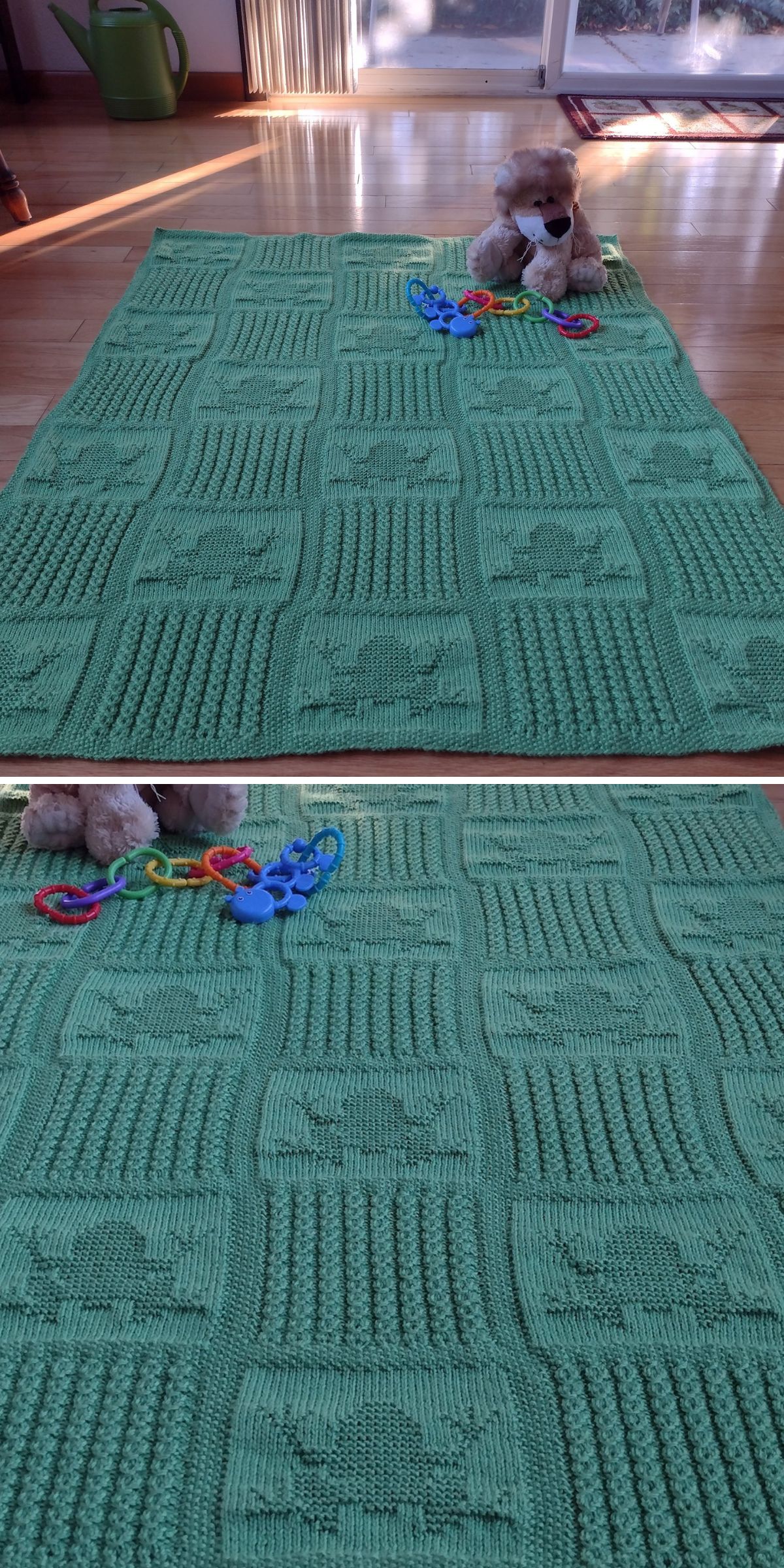 a green knitted blanket with squares featuring frog motifs
