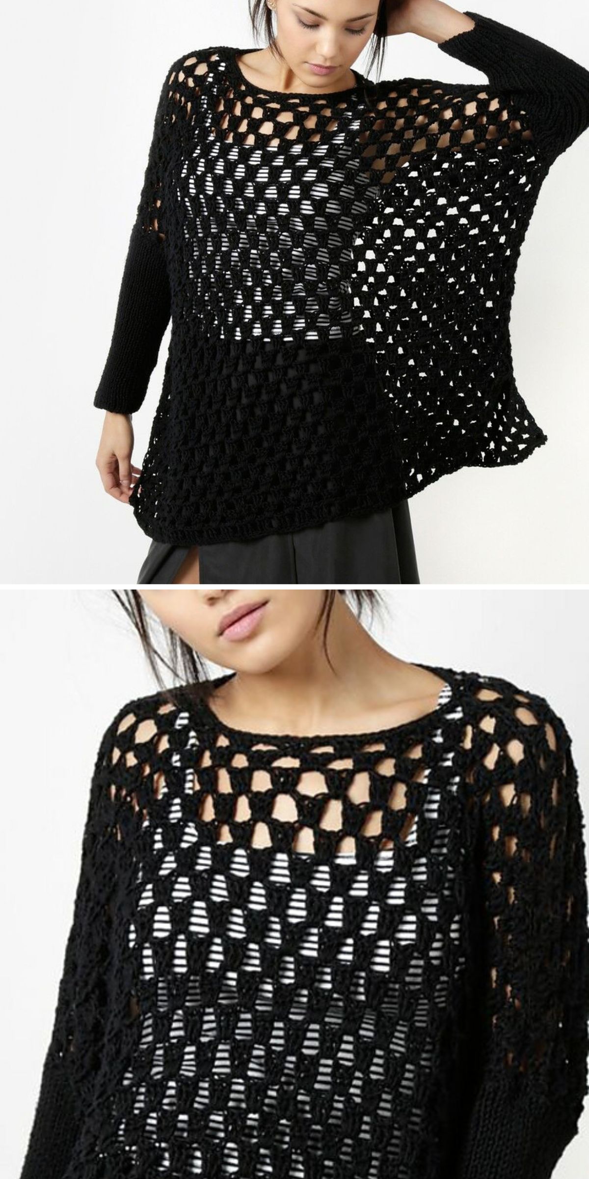 a woman wearing a black crochet poncho with a mesh design