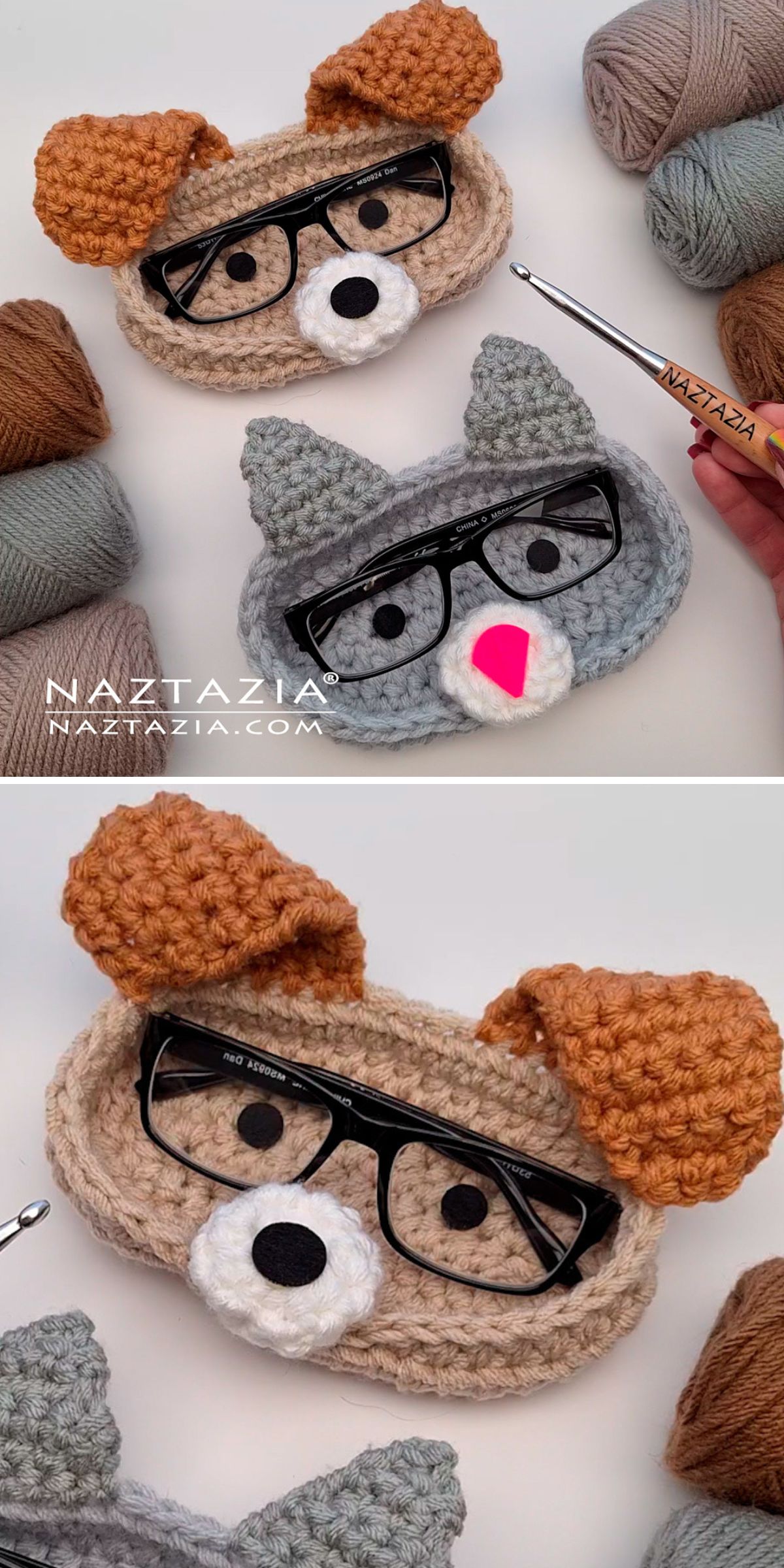 crochet glasses holders shaped like a dog and cat head