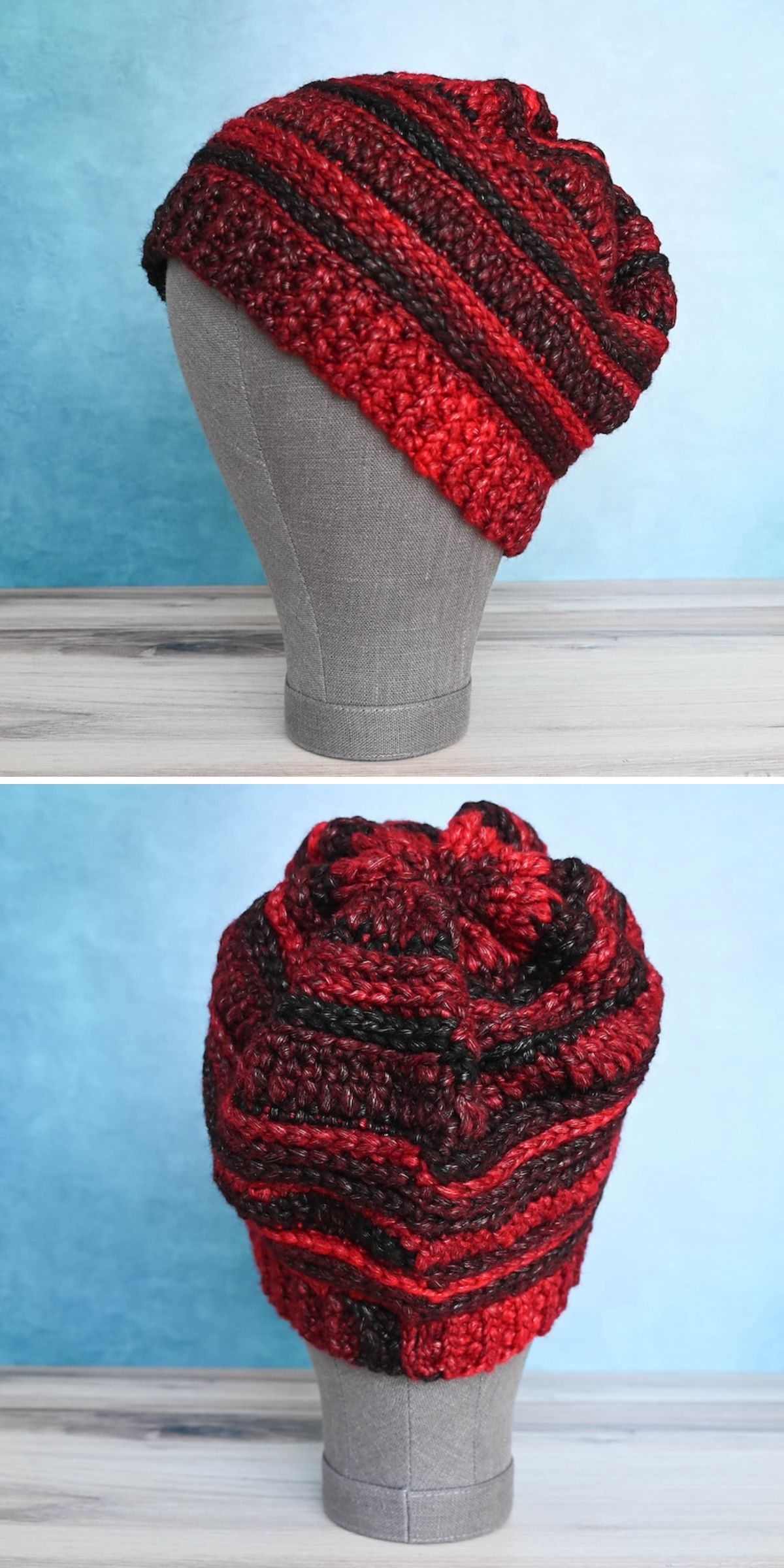 a crochet slouchy beanie in red and black striped design
