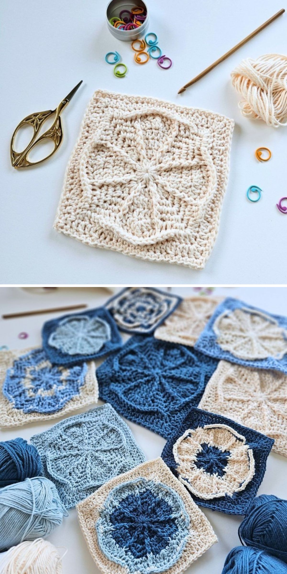 a crochet square with a beautifully detailed 3D motif
