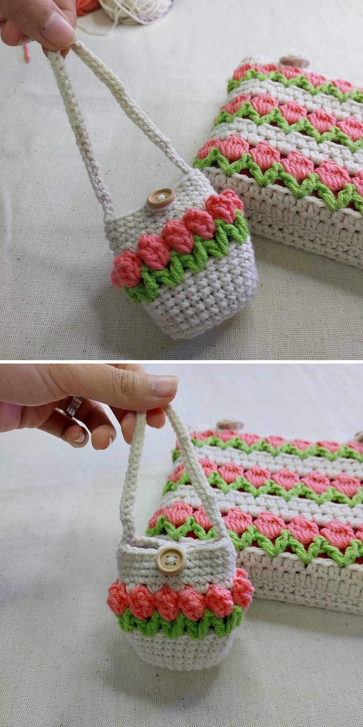 tiny crocheted bag with tulip motifs