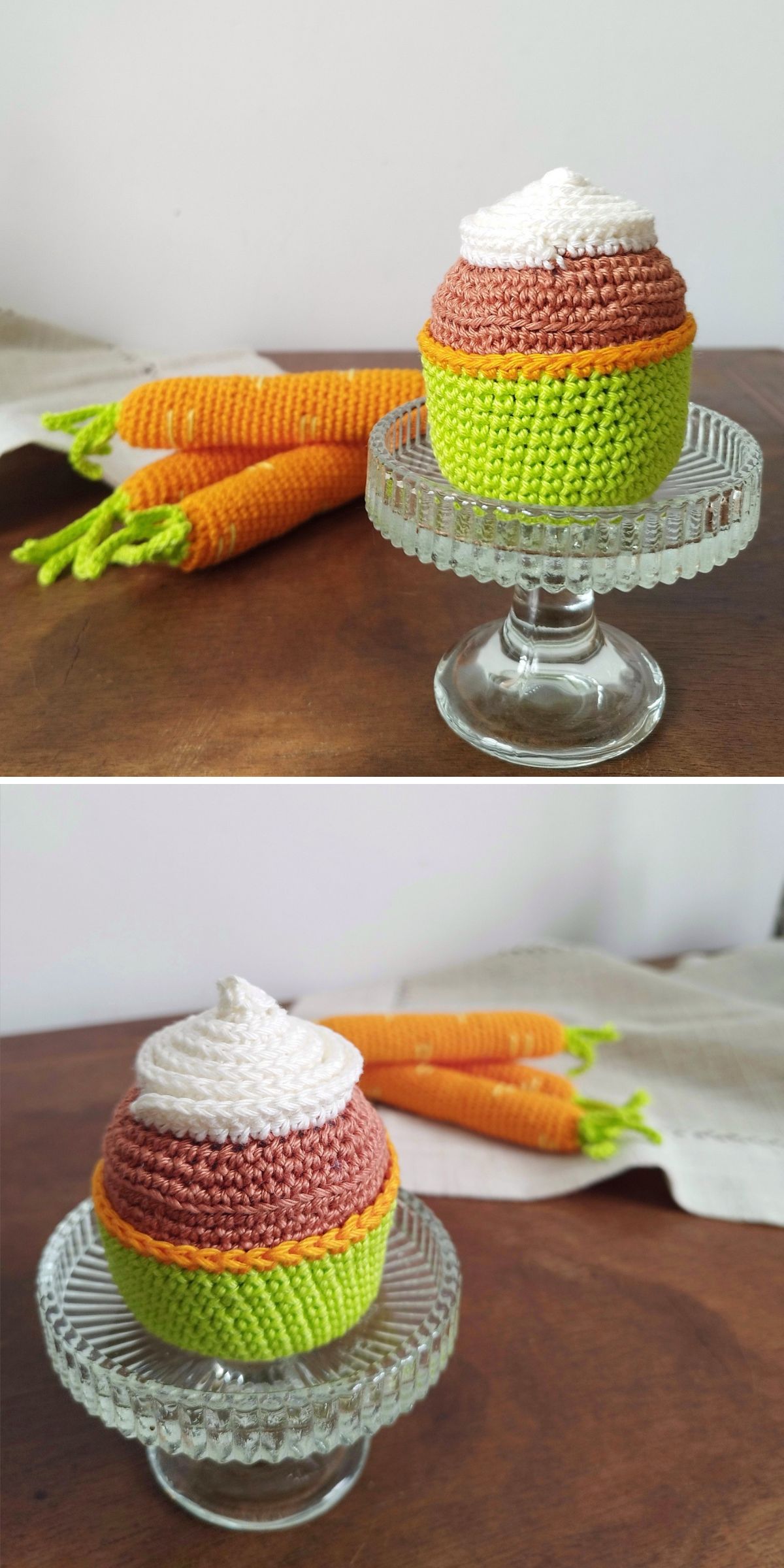 a crochet carrot cupcake