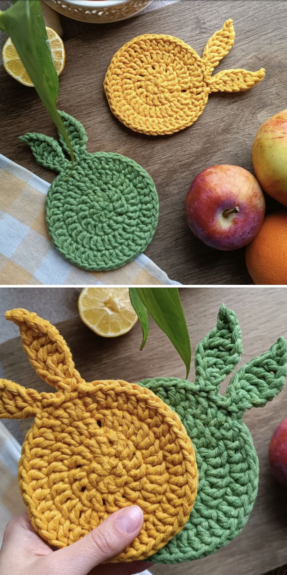 two crochet bunny coasters with long ears at the top