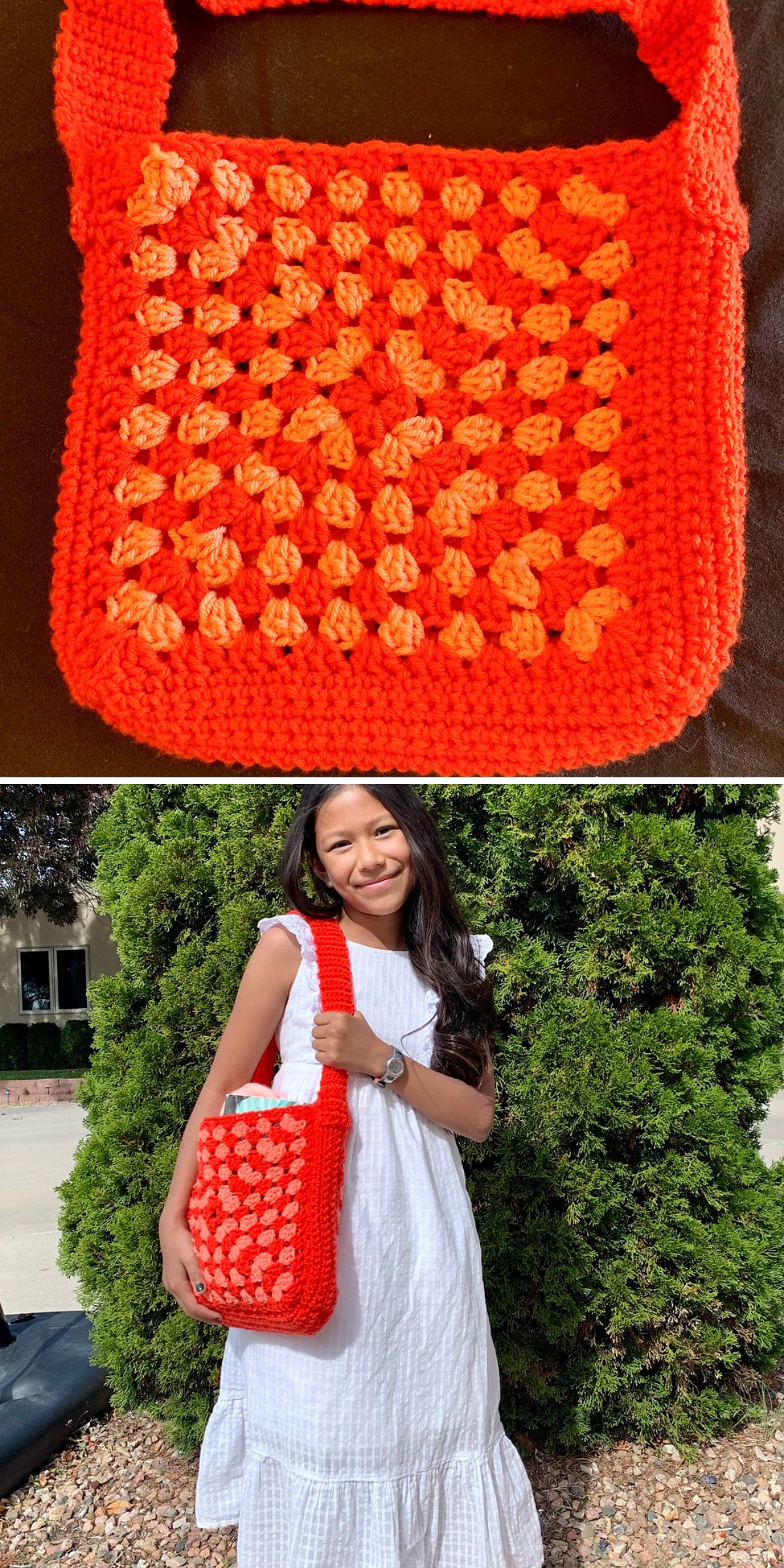 a crocheted bag made from two large  granny squares in vibrant orange colors
