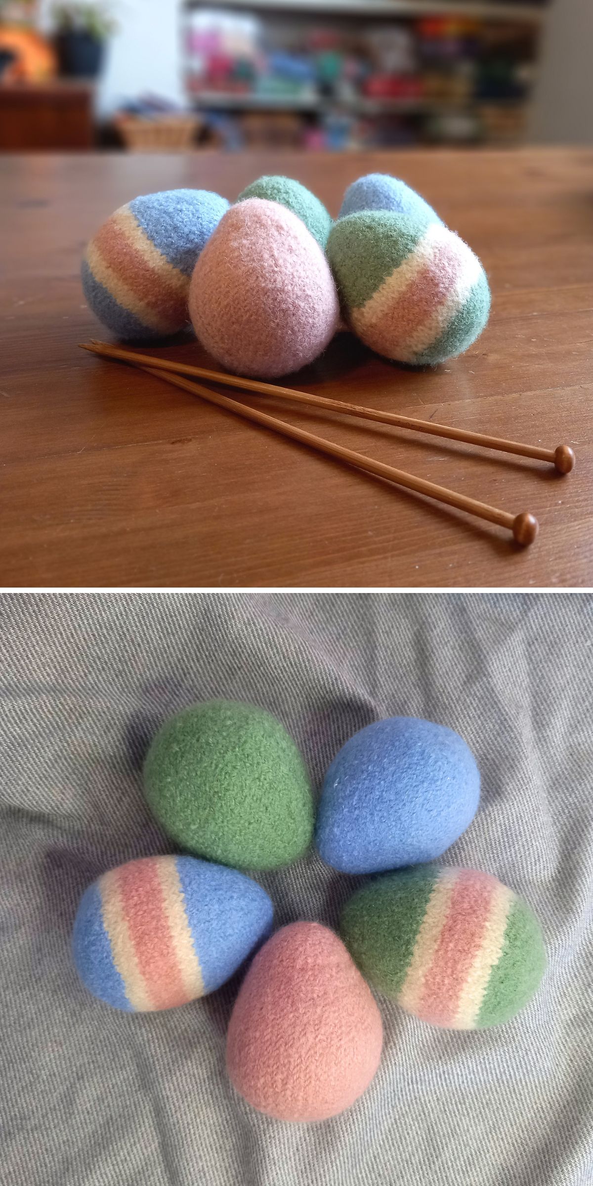 a set of colorful knit eggs made in fuzzy yarn