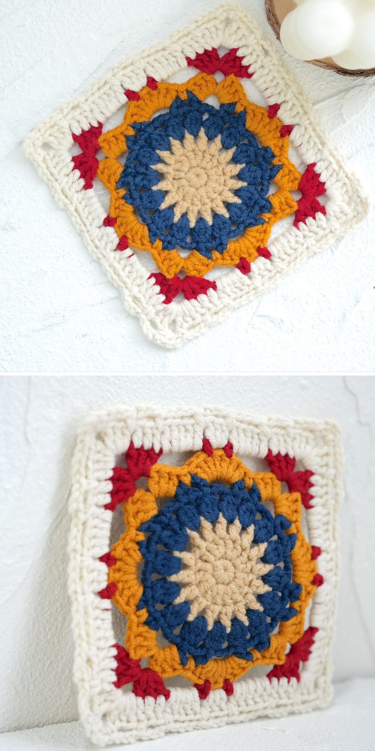 a crocheted square with colorful accents