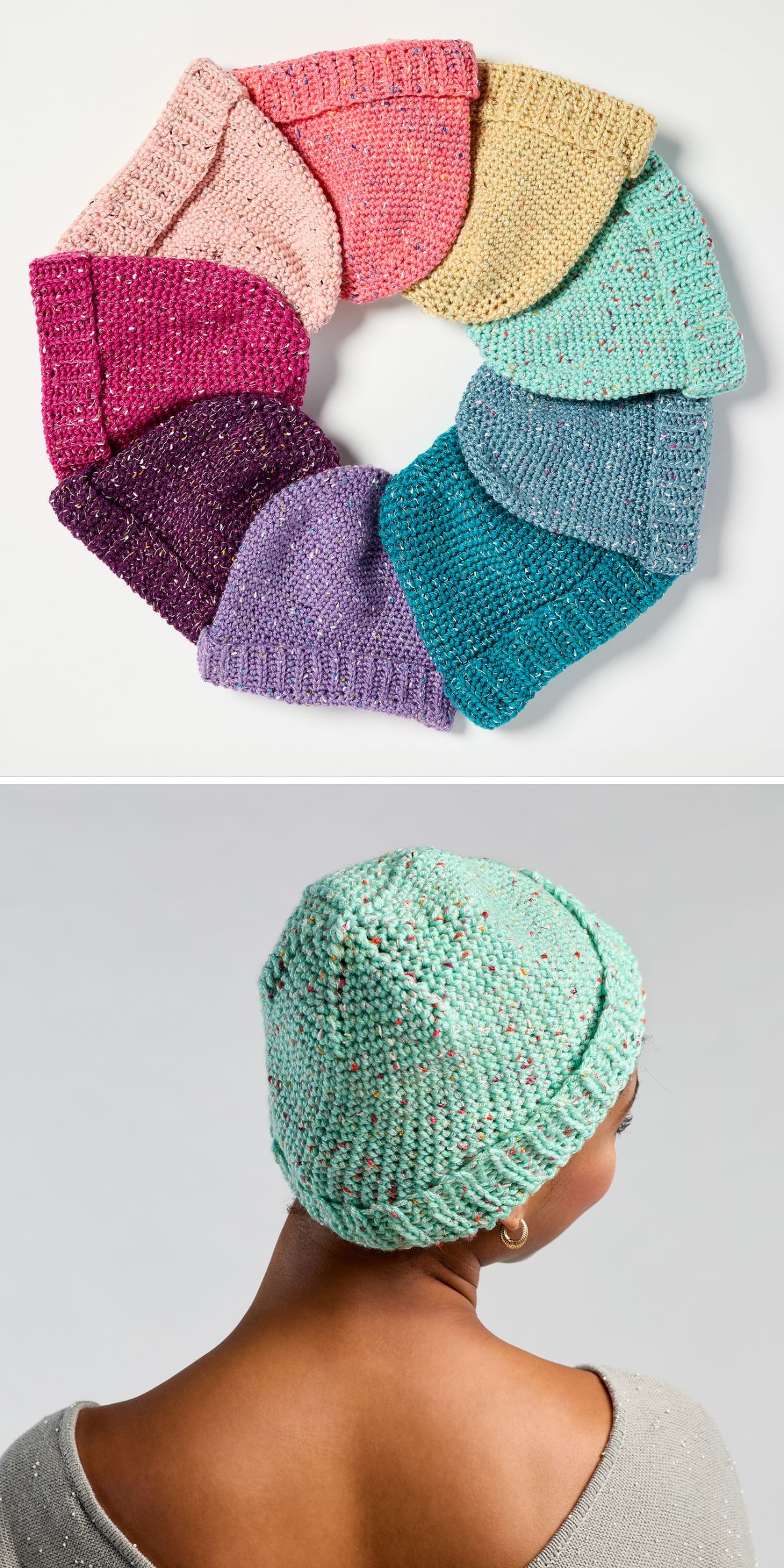 a set of simple crochet beanies in different colors