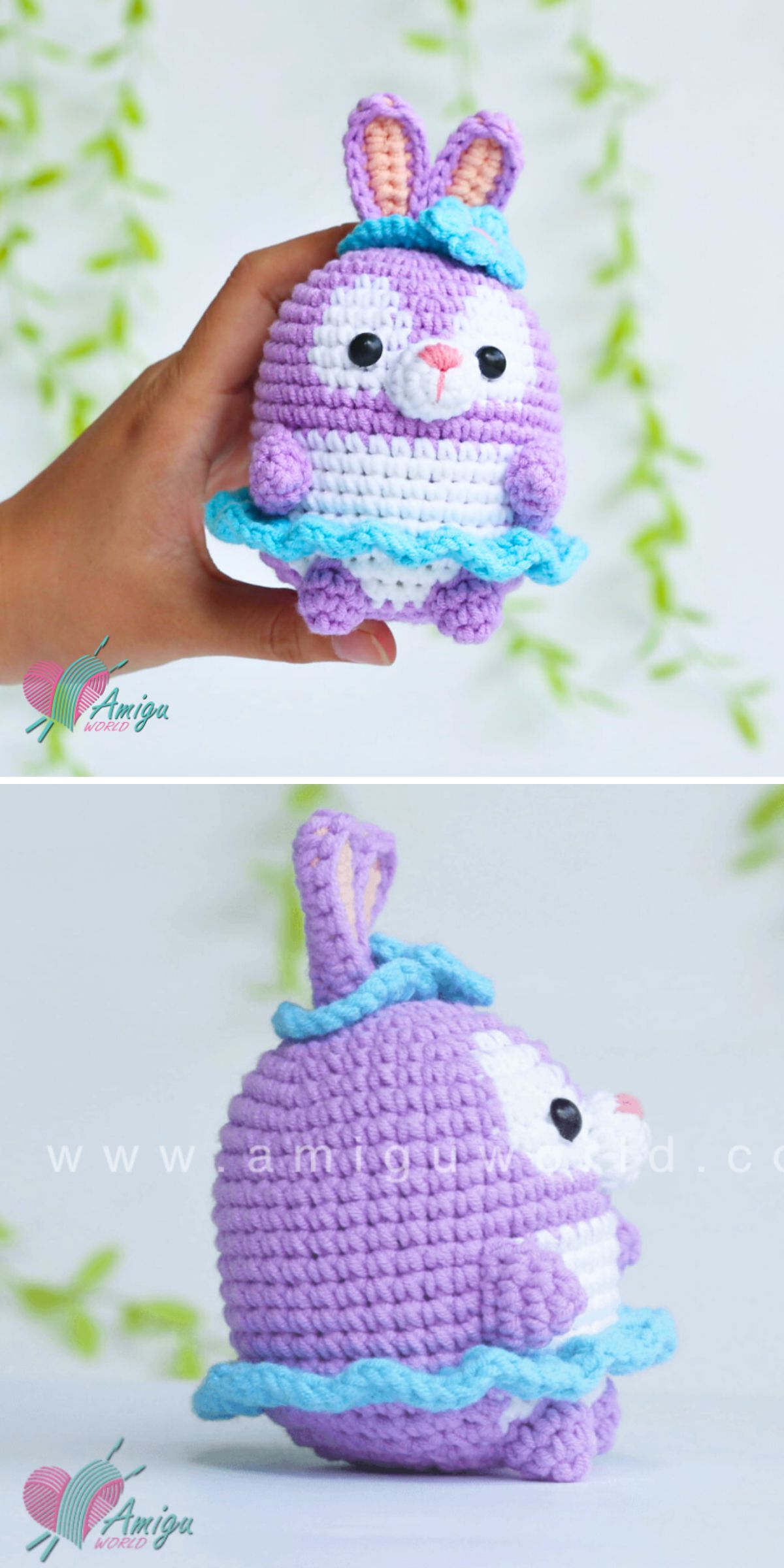 a small crochet bunny dressed in a belerina skirt